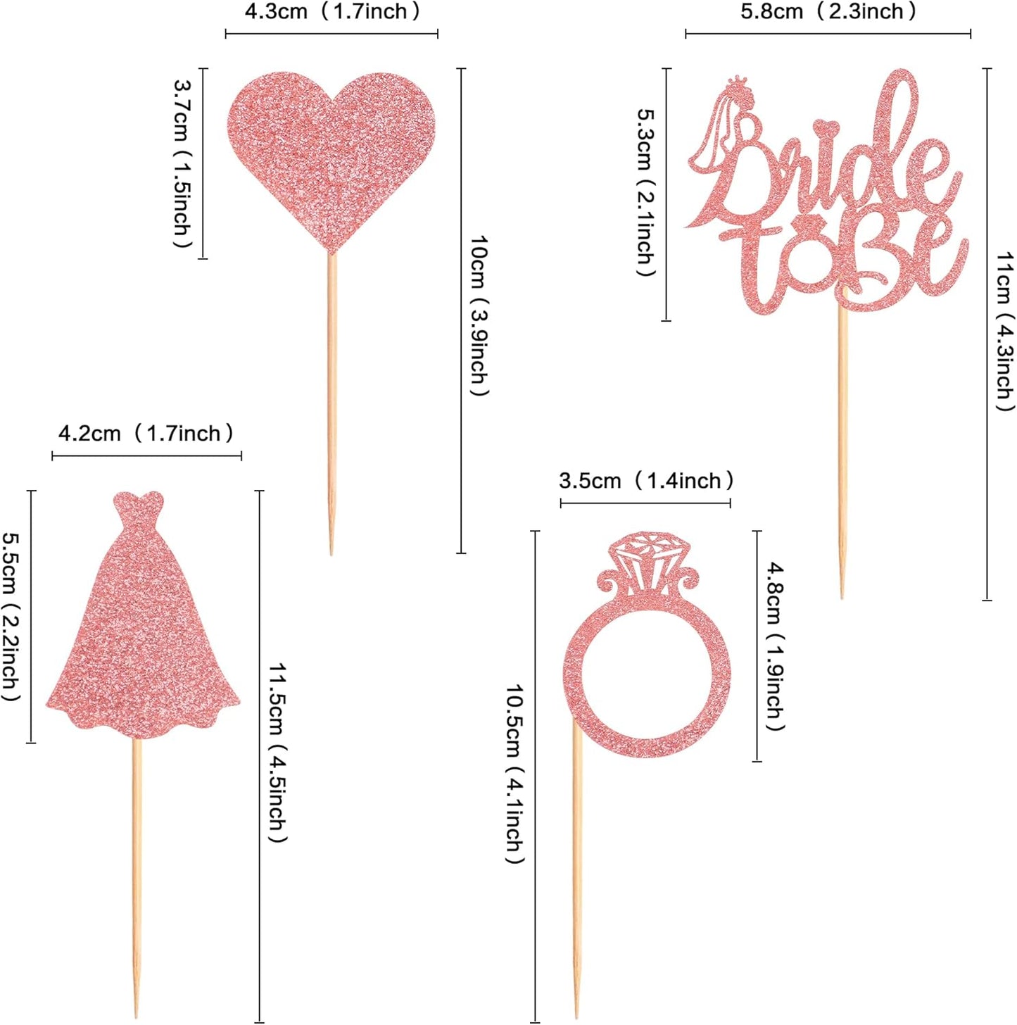 Pack of 24 Bride to Be Cupcake Toppers with Heart Ring Dress Bridal Shower Cupcake Picks Wedding Engagement Bachelorette Party Cake Decorations Supplies - Rose Gold Glitter