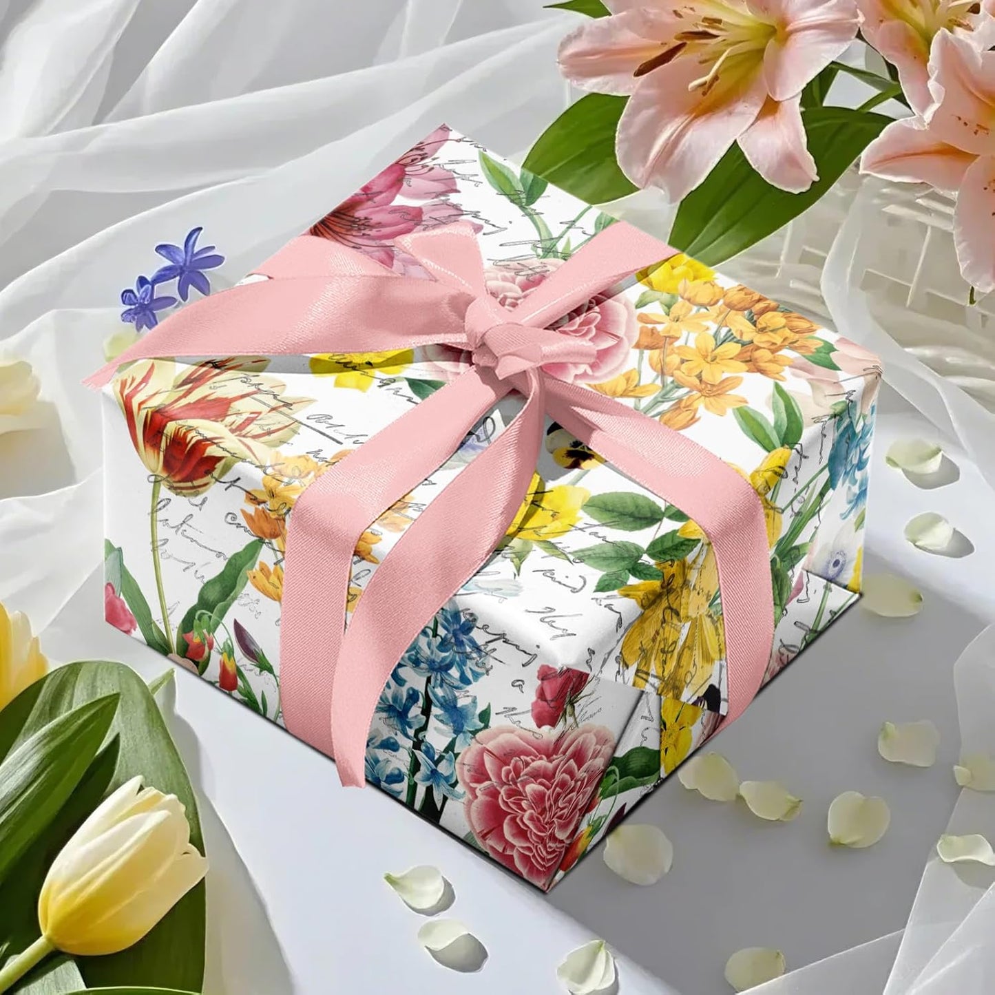 WRAPAHOLIC Floral Wrapping Paper Roll - Mini Roll - 17 Inch x 9.8 Feet - Garden Flower Wrapping Paper, Perfect for Girls Women Birthday, Wedding, Bridal Shower