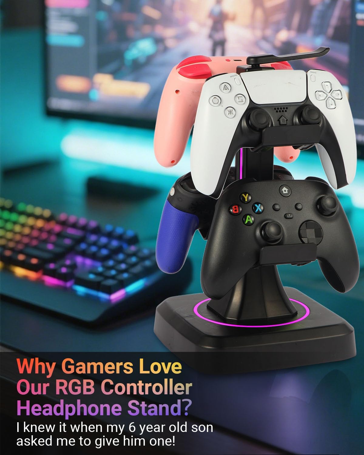 Controller Stand with RGB Multi-Color Light Modes - Headset Holder for PS5, Xbox, Switch - Gaming Room Decor, Desk Organizer for Gamers