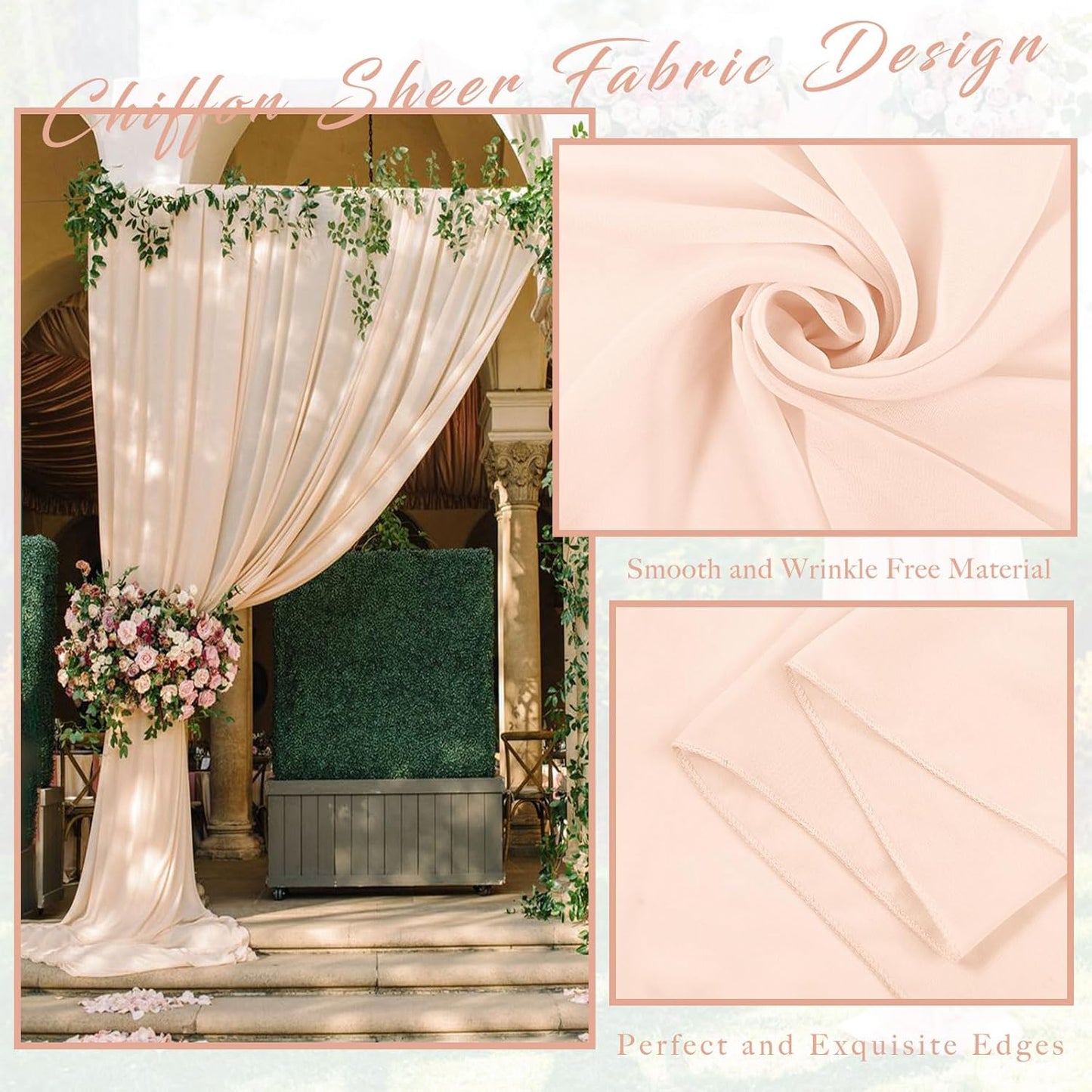 4 Panels 20Ft Length x 28" Width Light Peach Wedding Arch Draping Fabric Arch Drapes Chiffon Fabric Sheer Curtains Backdrop for Party Bridal Decorations Wedding Ceremony Ceiling Stage Reception Decor