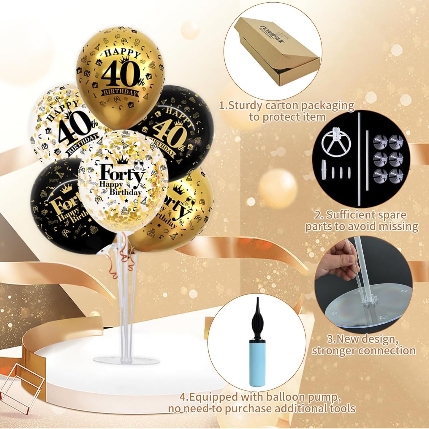 TONIFUL 4 Set Black Gold Balloon Stand Kit for Birthday Decorations for 40th,Balloon Centerpieces for Table Party Decorations Cheers to 40 Years Old Birthday for Men and Women