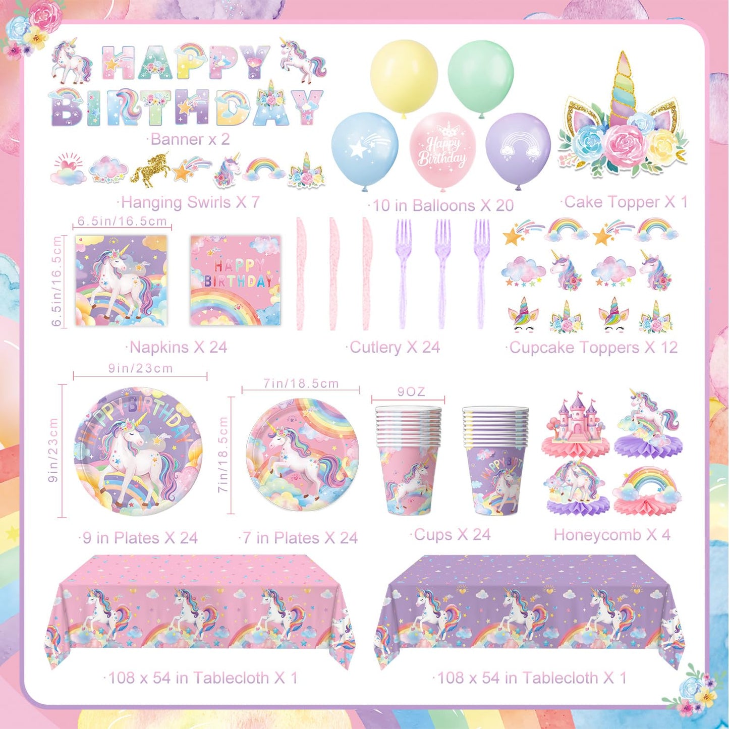 NKPDAXM Unicorn Birthday Decorations - Plates, Napkins, Cups, Cutlery, Hanging Swirls, Banner