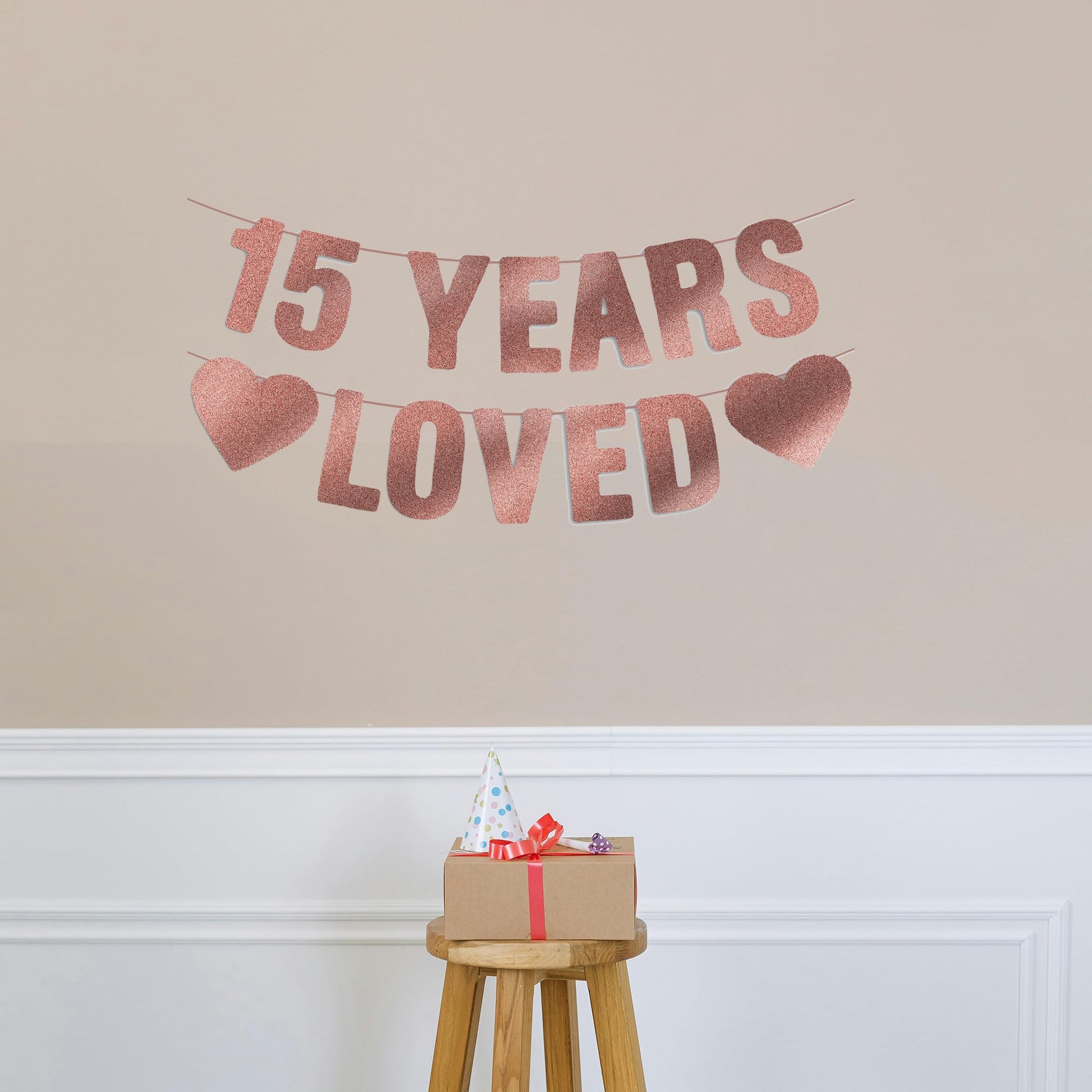 15th Birthday Party Decorations for Girls, Pre-Strung 15 YEARS LOVED Banner - Rose Gold Glitter