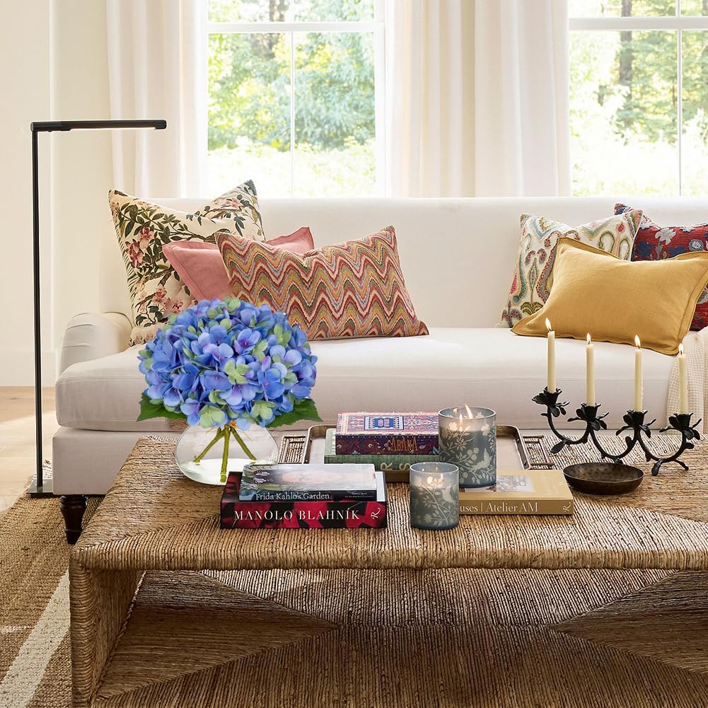 Hollyone Hydrangea Artificial Flowers with Glass Vase Blue-Green Silk Faux Flowers Arrangements in Vase with Faux Water Fake Floral Bulk Bouquet for Home Decor Table Centerpiece Decorations