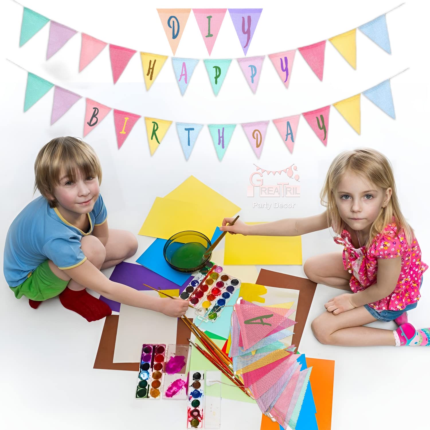 Pennant Banner Flags Pastel - GREATRIL Colorful Triangle Banners for Birthday Easter Classroom