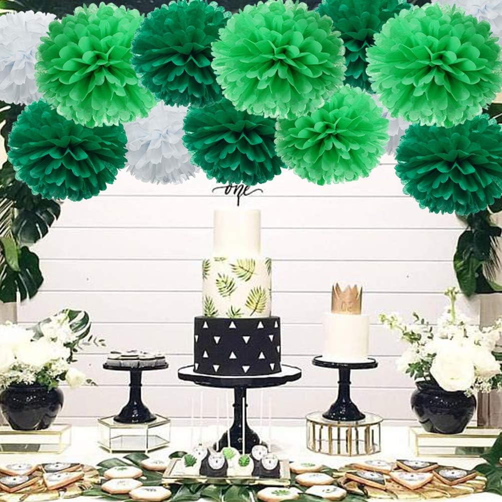 Mowo Green Paper Flower Tissue Pom Poms - Party Supplies (Dark, Light Green, White, 12pc)