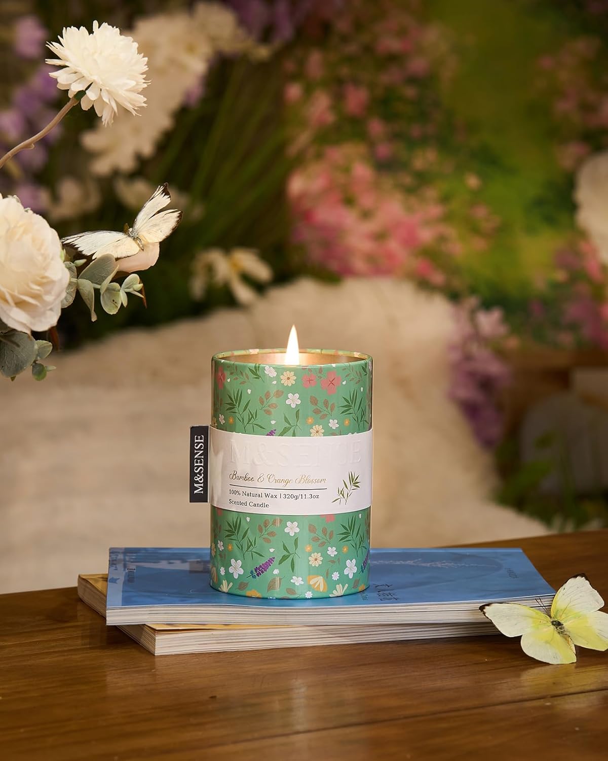 M&SENSE Bamboo Orange Blossom Scented Candle, Medium Jar Candle 11.3oz Natural Soy Wax for Home Scented, Floral Candles Gift for Spring Holiday, Up to 70 Hours Burning Long-Lasting Fragrance