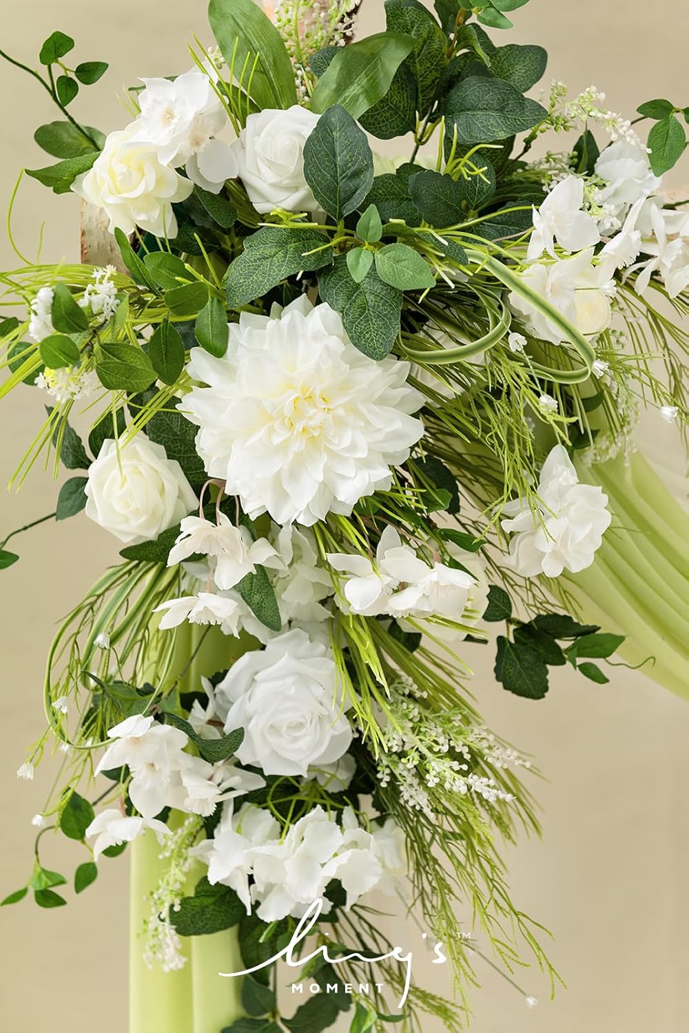 Ling's moment Wedding Arch Flowers Kit Pack of 4, 2pcs Hanging Artificial Flower Arrangements 2pcs Chiffon Drapes, Spring Ceremony Reception Fake Rose Arbor Backdrop Floral Outdoor Decor, White Green