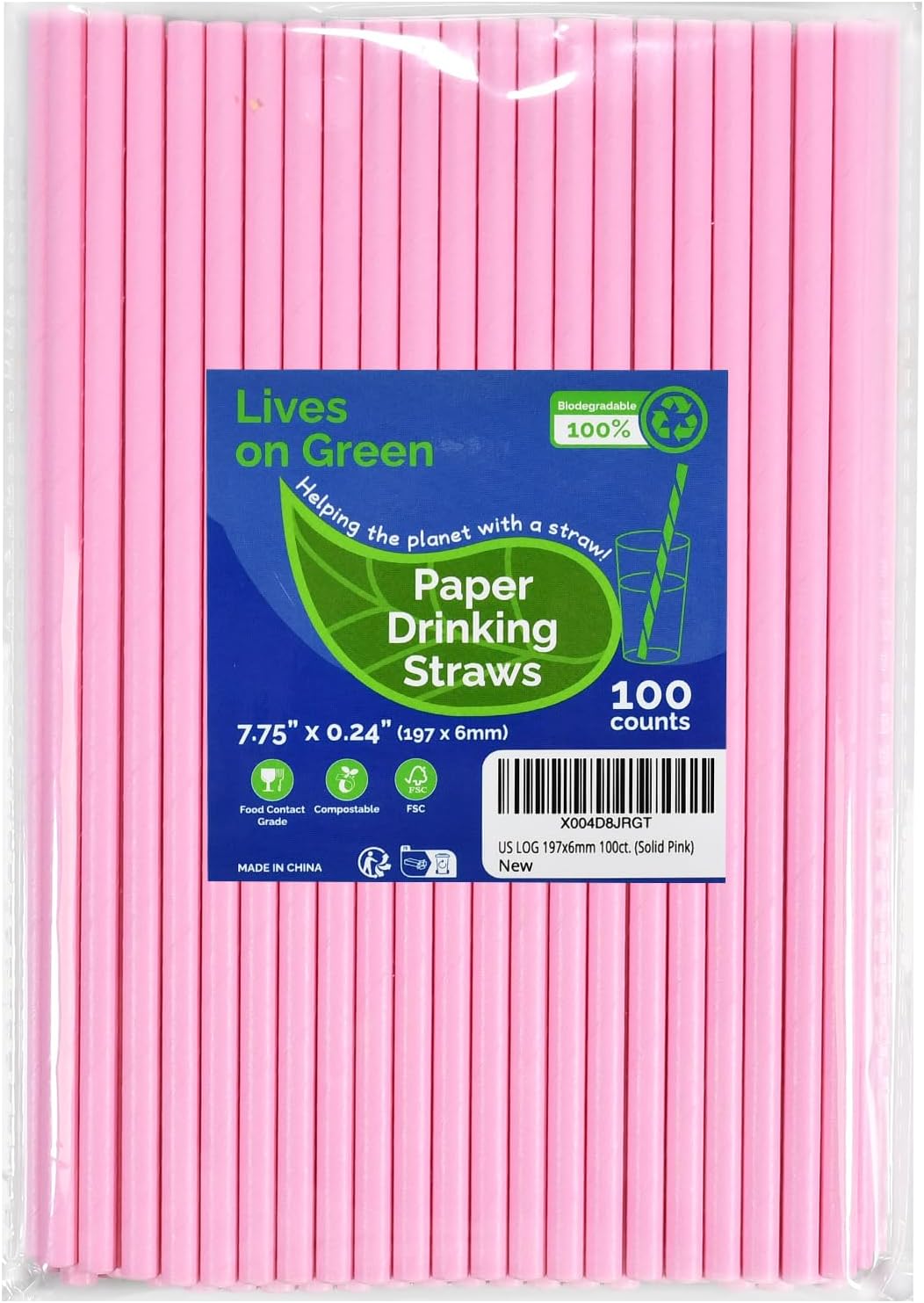 Solid Pink Disposable Paper Drinking Straws 7.75 inch 100 Counts - for Party, Cocktails, Cake Pops, Bars, Restaurants