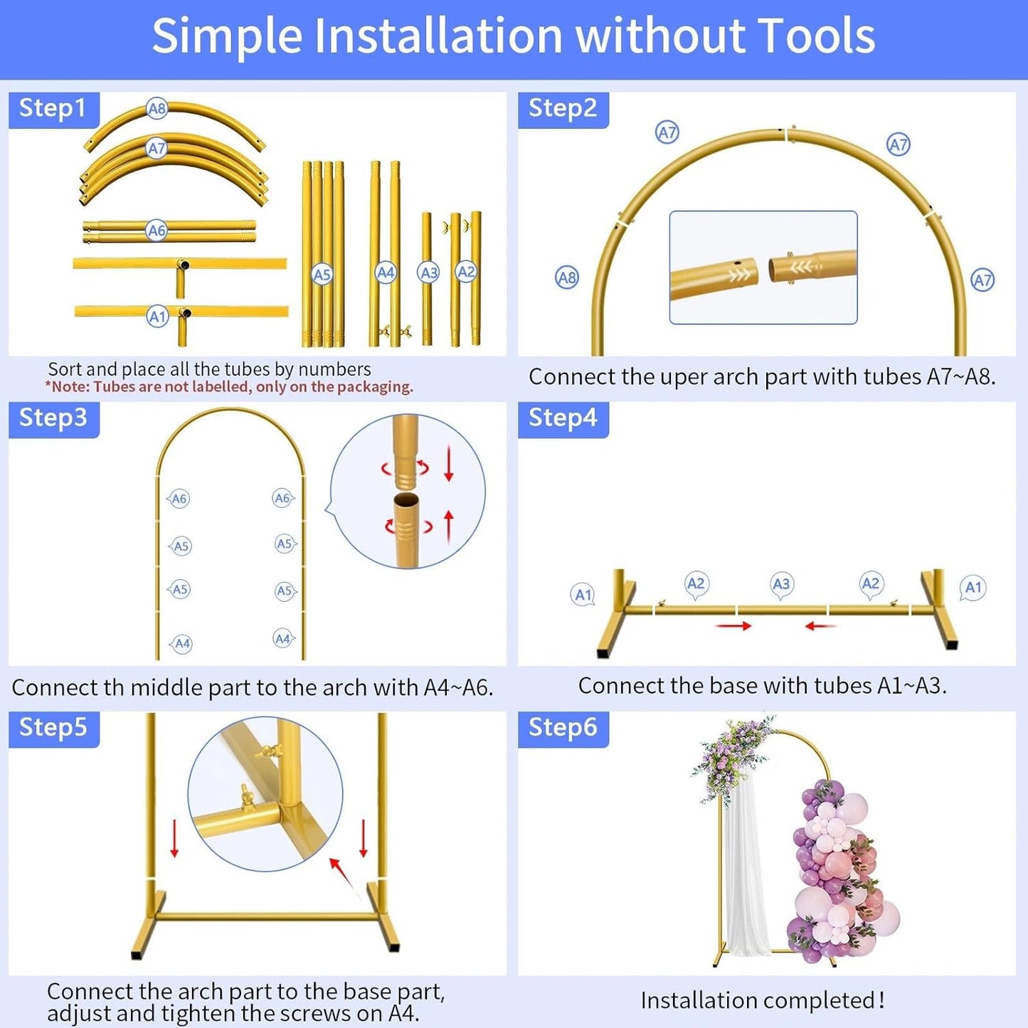 6.6 ft Arch Backdrop Stand, Metal Wedding Arch Stands for Party, Birthday, Wedding, Bridal Shower, Baby Shower Gold