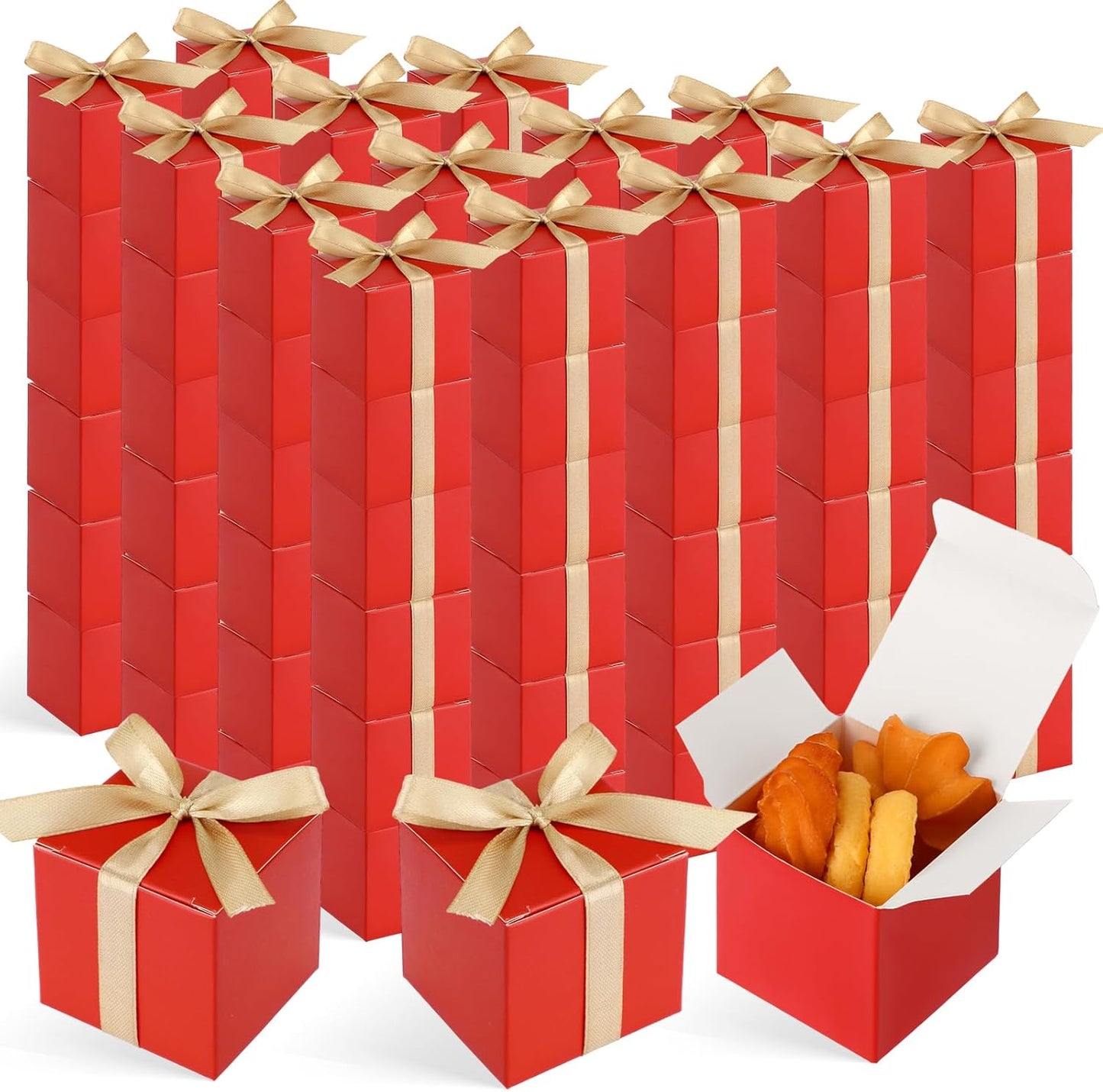 Jutom 100 Pcs Mini Favor Boxes Extra Small Candy Boxes Paper with Gold Ribbon for Christmas Thanksgiving Day Birthday Wedding Anniversary Supplies(2 x 2 x 2 Inch,Red)