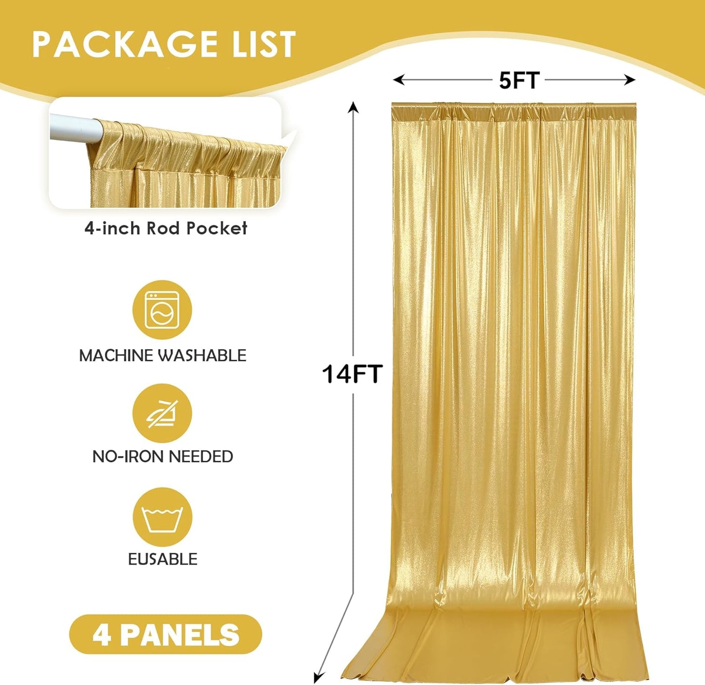 gogoparti 20x14FT Gold Sequin Backdrop Curtain - 4 Panels of 5x14FT Wrinkle-Free Reusable Glitter Drapes for Photography, Weddings, Birthdays & Parties