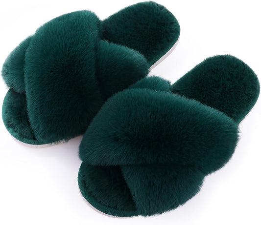 Evshine Women's Fuzzy Slippers Cross Band Memory Foam House Slippers Open Toe