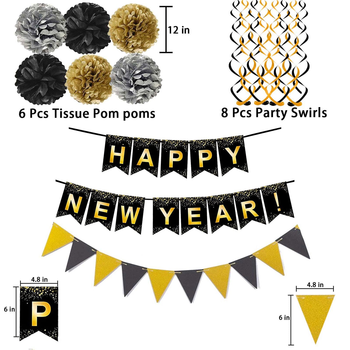 Happy New Year Set Black Banner with Gold Black Paper Flag Bunting Swirl Streamers & Pom Poms for