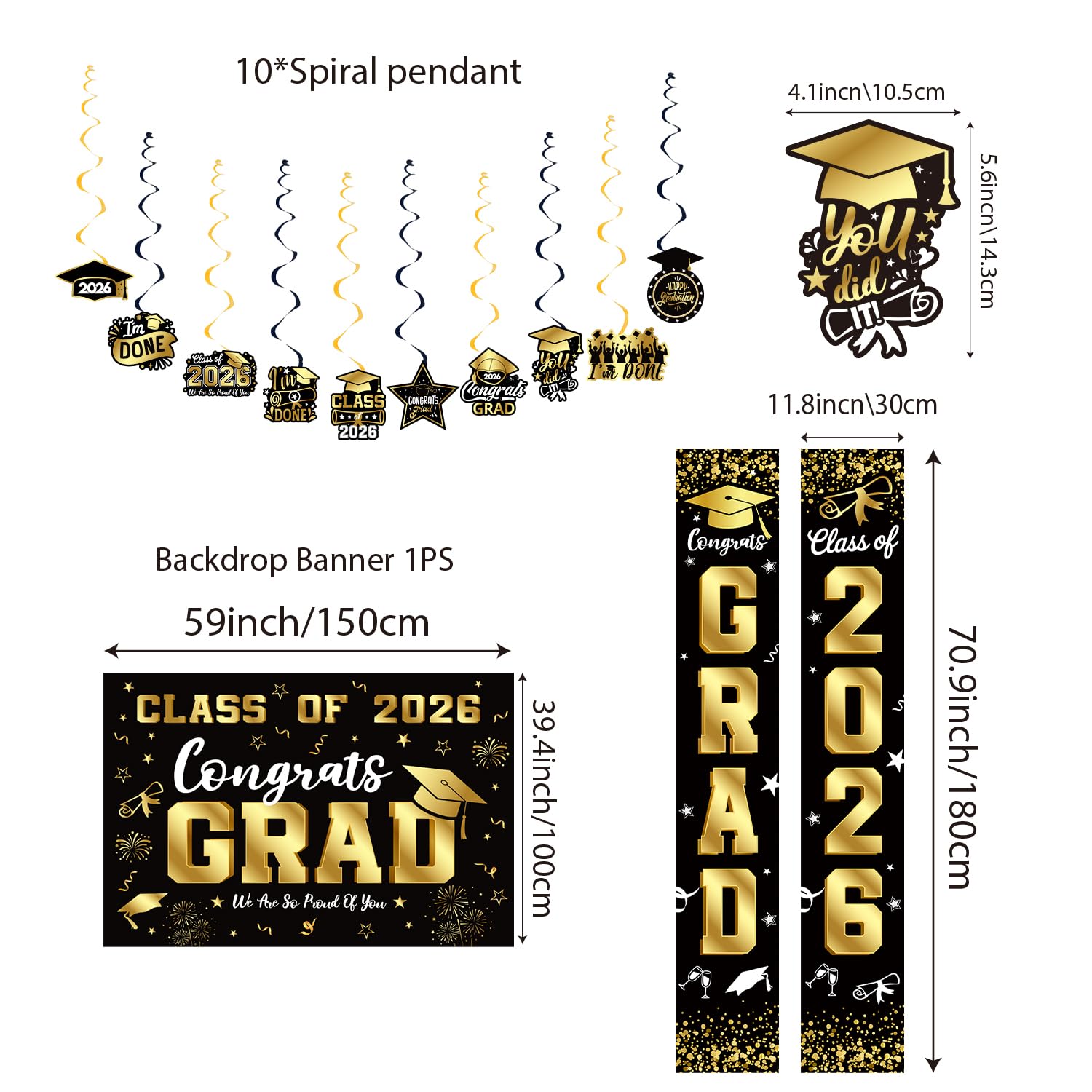 Graduation Decorations 2026 Set Black Gold, Congrats Grad Decor Set with Banner Backdrop Porch