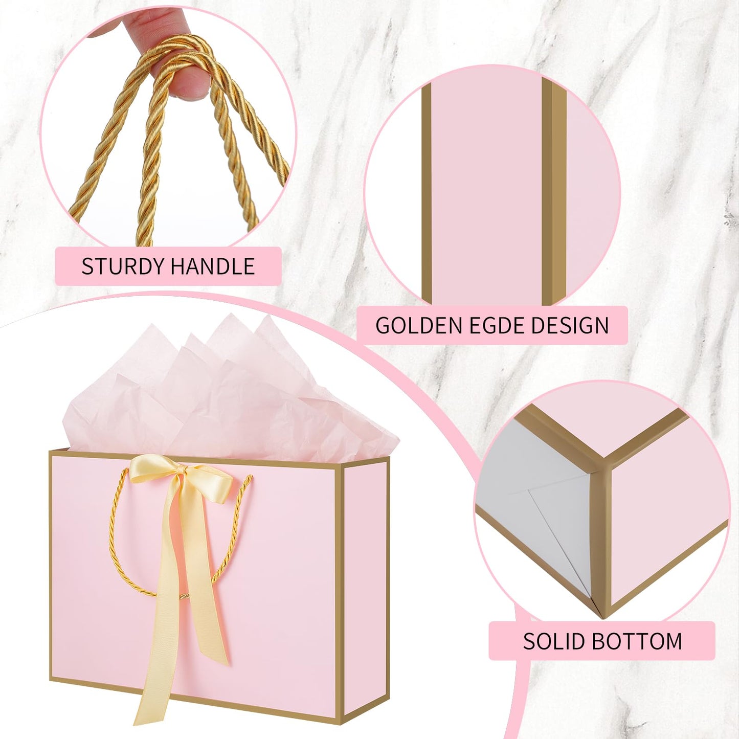 woric Pink Gift Bags with Handles, 14" Medium Gift Bags with Tissue Paper