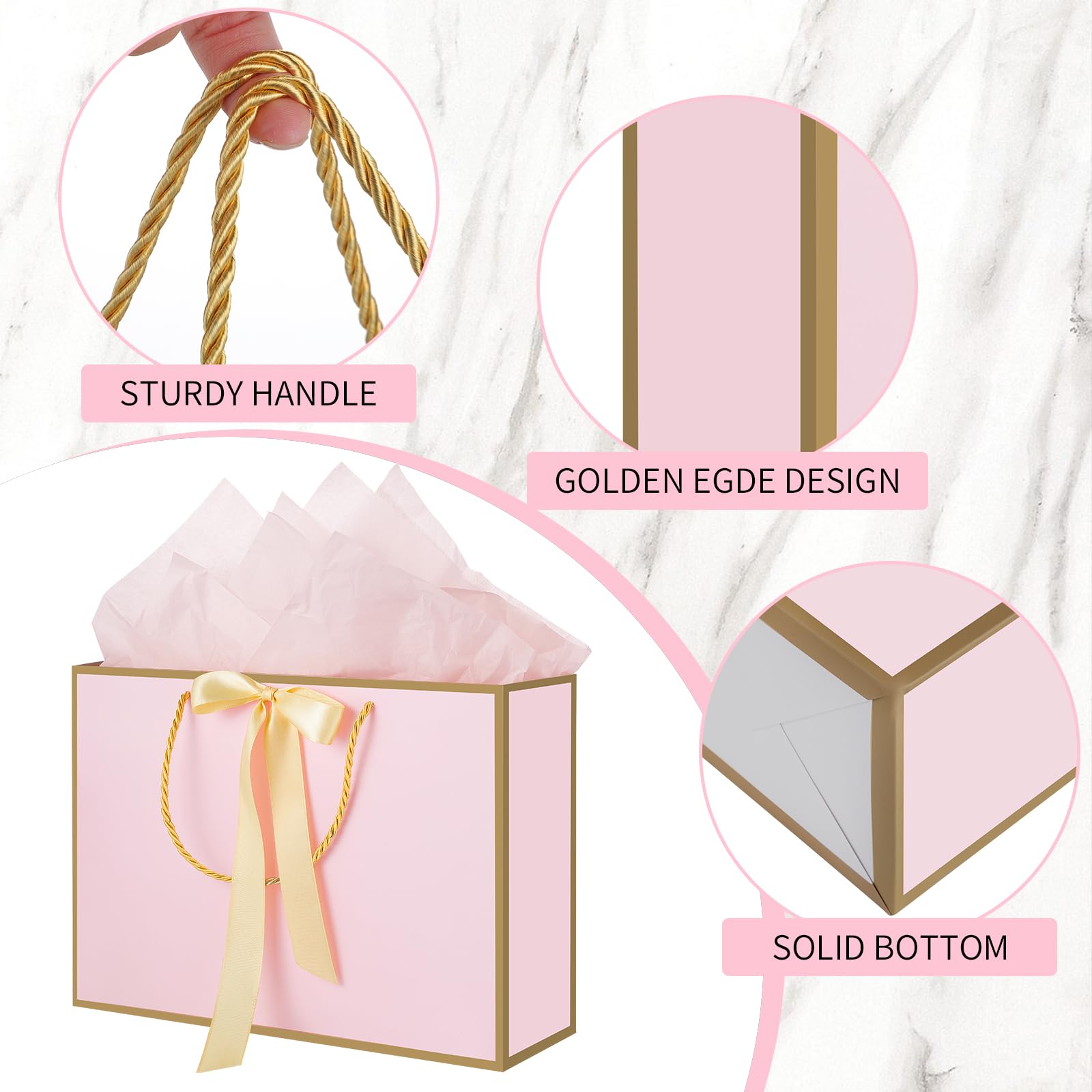 woric Pink Gift Bags with Handles, 14" Medium Gift Bags with Tissue Paper
