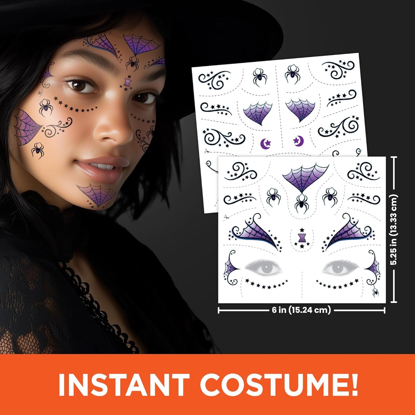 Halloween Witch Costume Temporary Tattoos – Magical Tattoo Kit for Kids, Includes Hats, Brooms, Cats & Stars, Non-Toxic, Easy to Apply, Perfect Costume Accessory or Party Favor