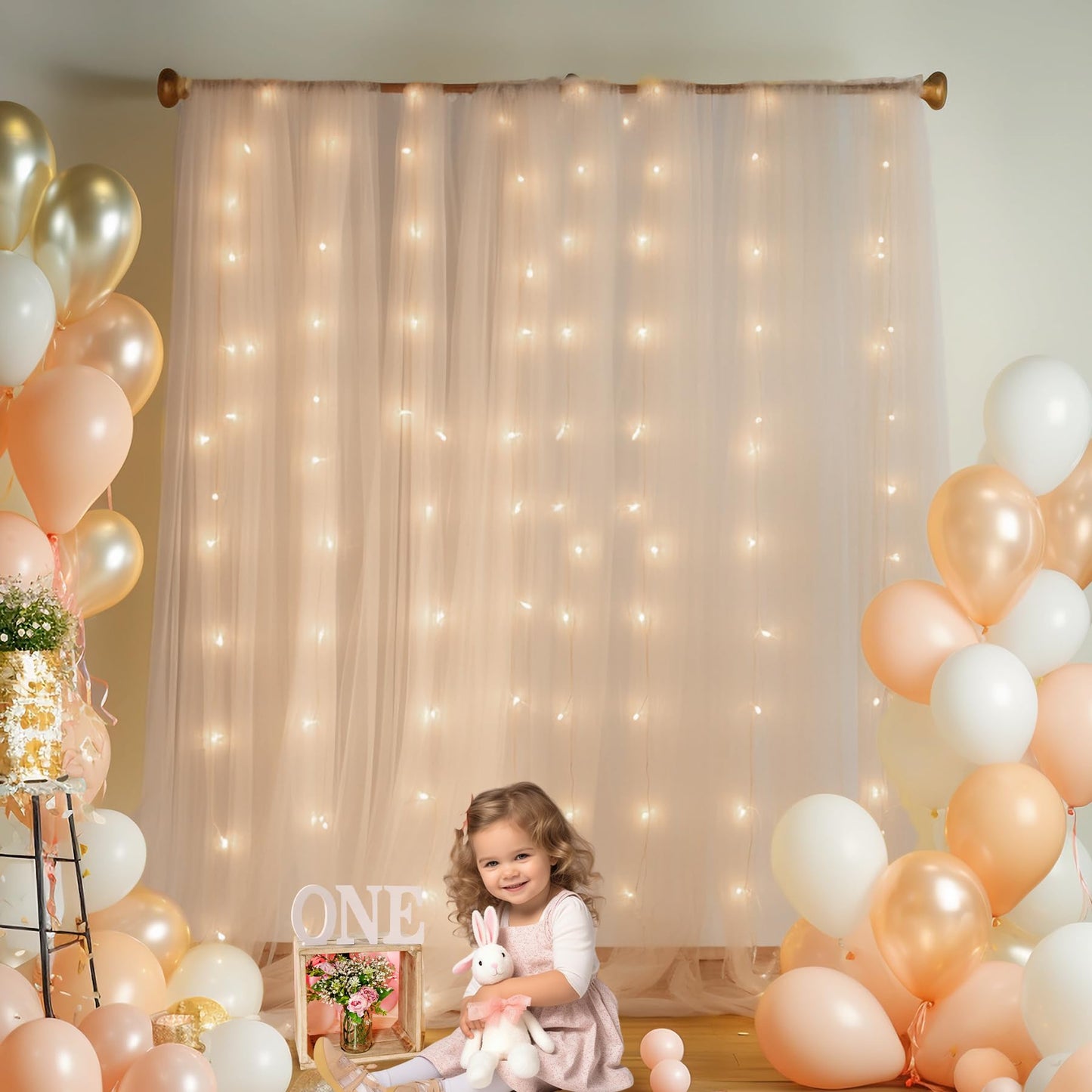 10x10ft Champagne Tulle Backdrop Curtain with Lights String for Parites, Sheer Backdrop Curtains