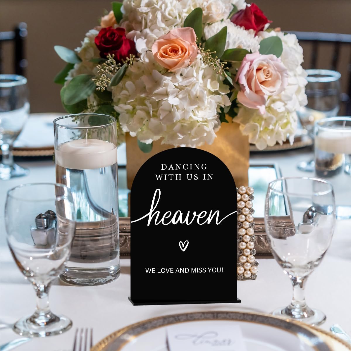 Acrylic Wedding Sign Dancing With Us In Heaven Sign for Wedding Wedding Signs for Ceremony Modern Calligraphy Arch Acrylic Table Top Sign for Wedding Reception and Event Party Table(black）