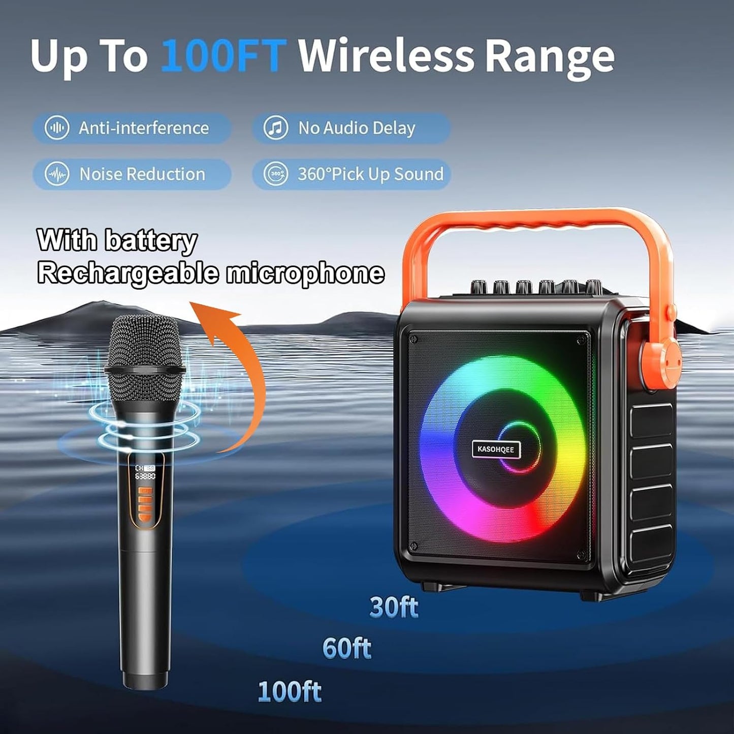 Karaoke Machine,8000mAh Portable Bluetooth Speaker with 2 Wireless Microphones for Adults & Kids,Microphone Speaker Set with Lights,Supports for TF Card,AUX in,FM,REC,for Parties,Outdoor,Home (HBL100)