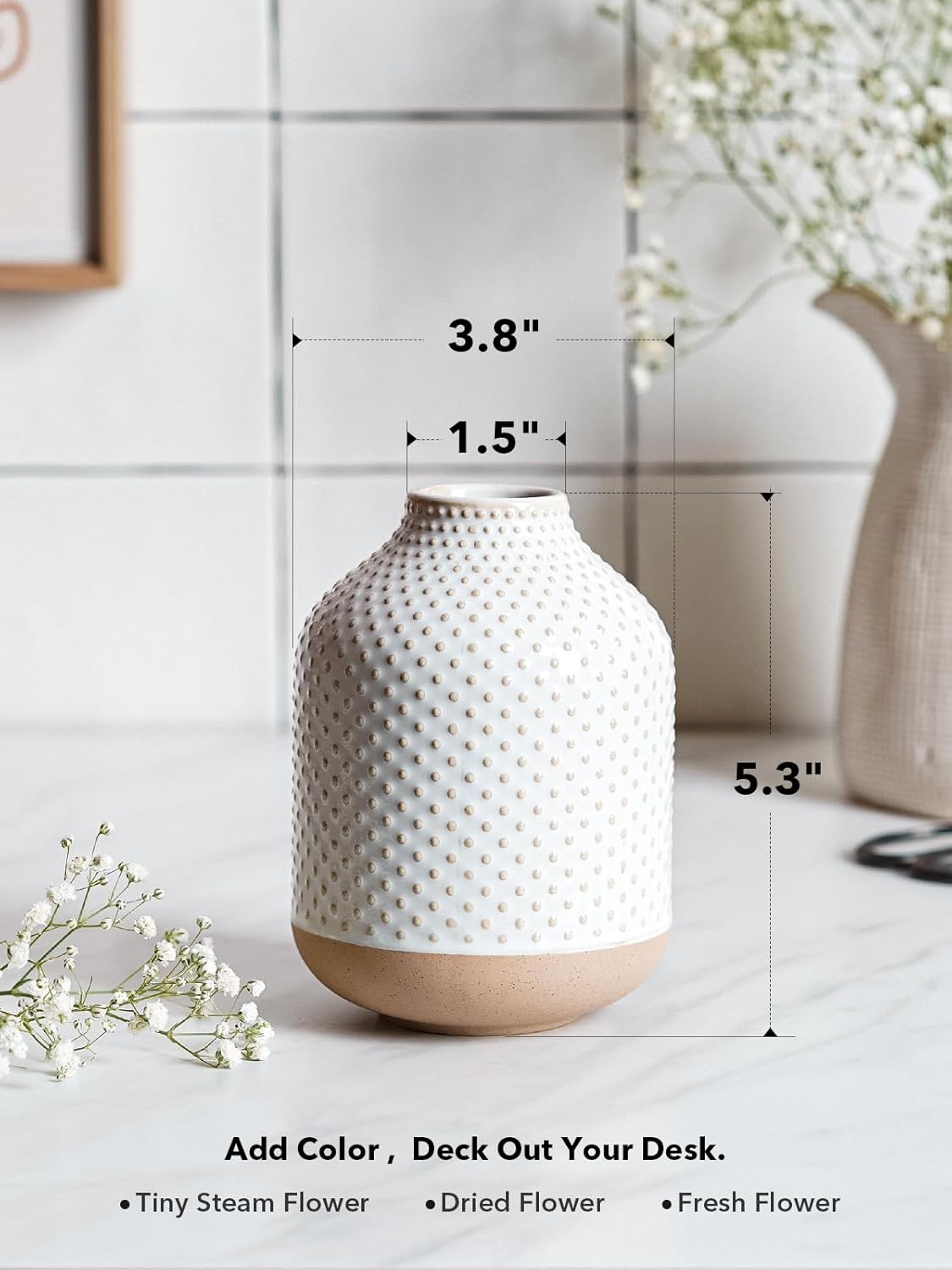 Boho Flower Vase - 5.3 Inch Ceramic White Vase for Pampas Grass, Eucalyptus & Bouquets, Small Home Decor Vases with Dot Embossment, Rustic Farmhouse Centerpiece