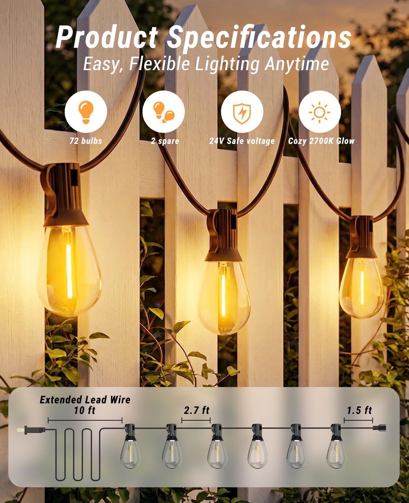 Tenmiro 200FT LED Outdoor String Lights with Remote, 72+2 Shatterproof Bulbs Dimmable Timing 3
