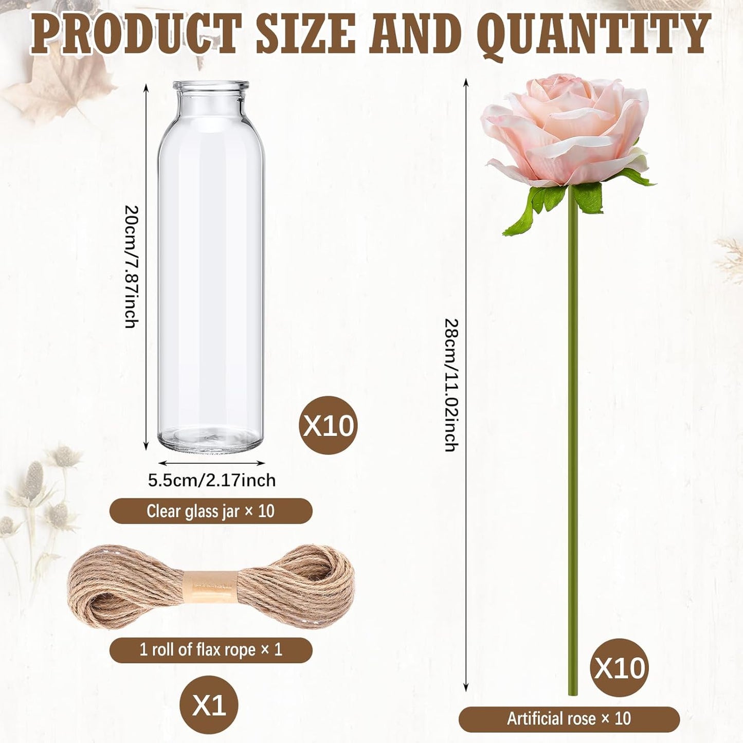 10 Set Dried Pampas Grass Centerpiece for Wedding 10 Clear Glass Jars 10 Artificial Roses 80 Dried Pampas Grass with Rope for Baby Shower Rustic Bridal Party Farmhouse Decoration(Pink)