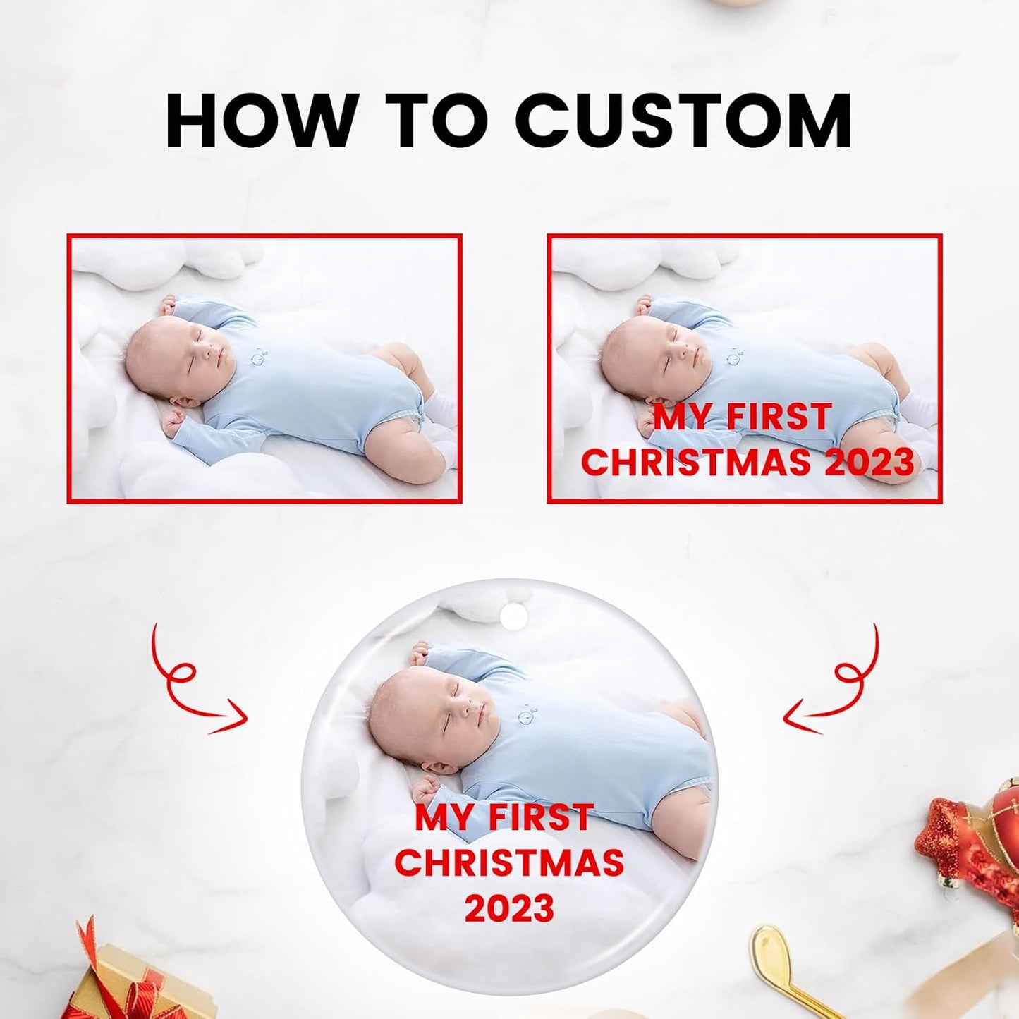 Personalized Christmas Ornaments 2025, Custom Photo Text Hanging Ornament Picture Ornaments for Christmas Tree Decorations, Baby Shower, Engagement, Wedding, Anniversary