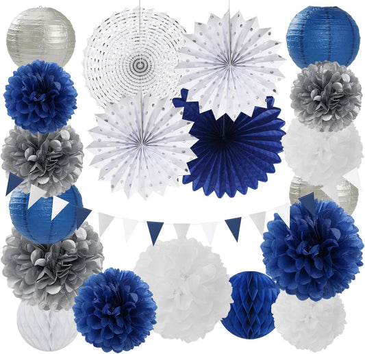 Navy-Blue White Silver Party-Decorations - 20pcs Graduation Paper Lanterns Fans,Tissue Pom Poms,Honeycomb Balls,Bunting,Birthday Bridal Bachelorette Christmas Baby Shower Wedding Decor Burgleda