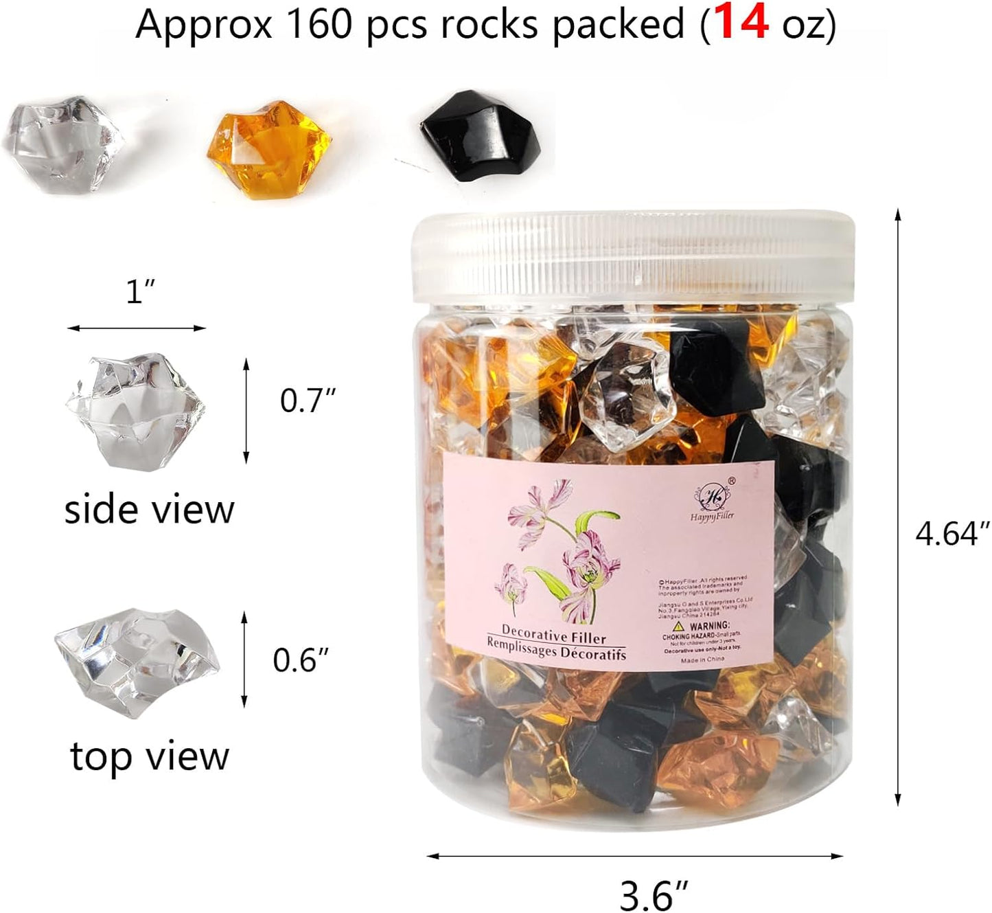 HappyFiller Halloween Decoration Acrylic Gems Fake Crystal Cubes Jewels Rocks for Vase Fillers, Centerpieces,Party Decor Ice Stones Table Scatter,Orange,Black and White,14 OZ