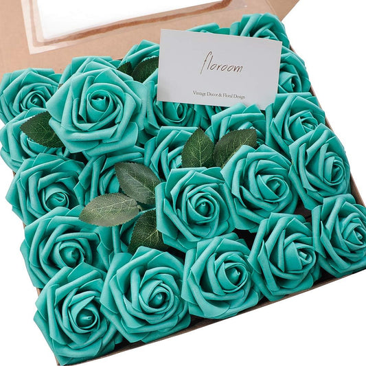 Floroom Artificial Flowers 25pcs Real Looking Teal Green Foam Fake Roses with Stems for DIY Wedding Bouquets Baby Shower Centerpieces Party Tables Home Decorations