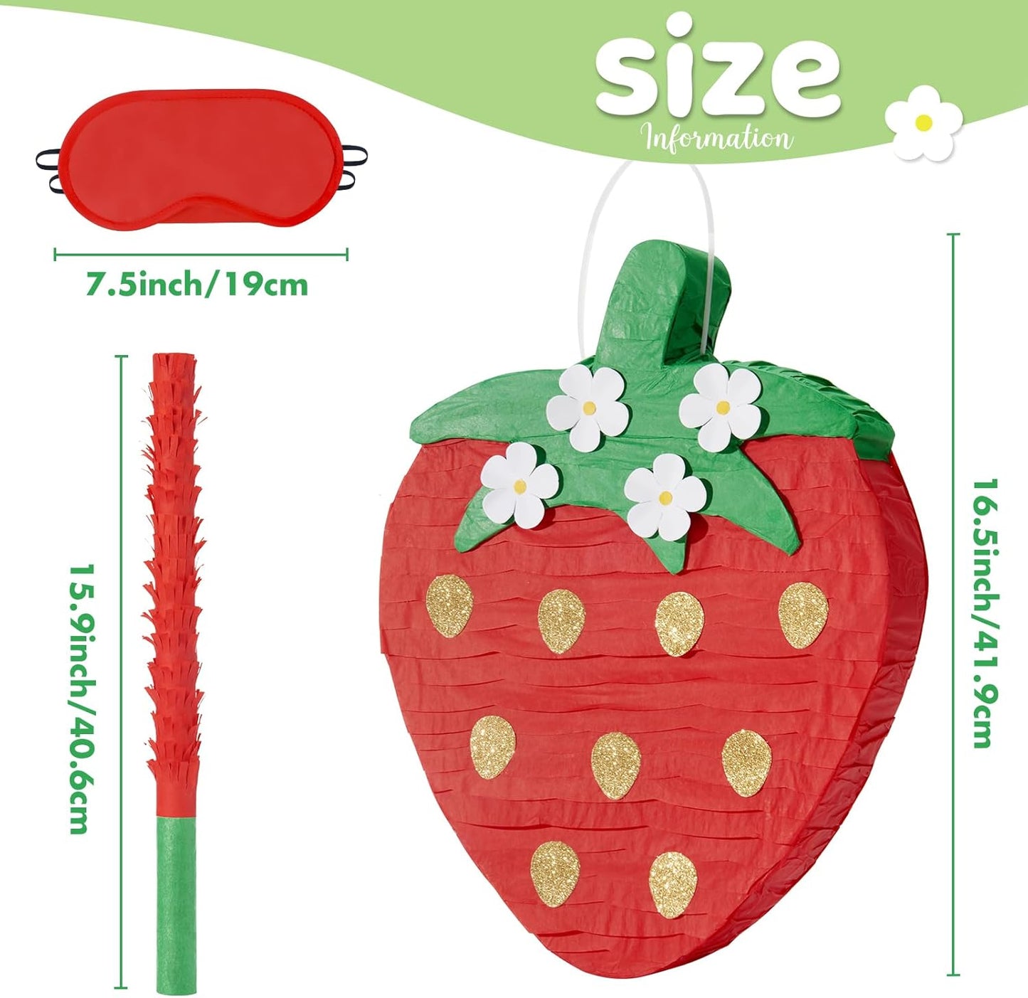 Wernnsai Red Strawberry Piñata For Kids - Strawberry Baby Shower Pinata Strawberry Birthday Party Decorations Summer Fruit Themed Party Game Supplies With Bat Blindfold 16.5" × 11.6" ×3"