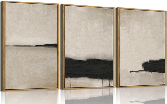 myusuar 3 Piece Large Modern Abstract Canvas Framed Wall Art For Living Room, Black And Beige Vintage Minimalist Wall Art Decor Posters Prints For Bedroom Office 16x24in
