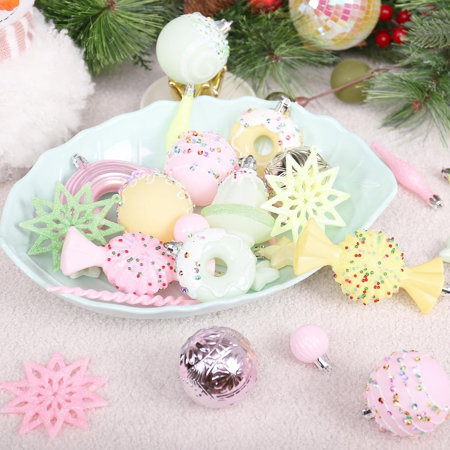 RoseCraft Christmas Ball Ornaments Set, 45 Pack Macaroon Plastic Shatterproof Christmas Tree Hanging Decorations, for Home Wedding Holiday Xmas Party Decor.