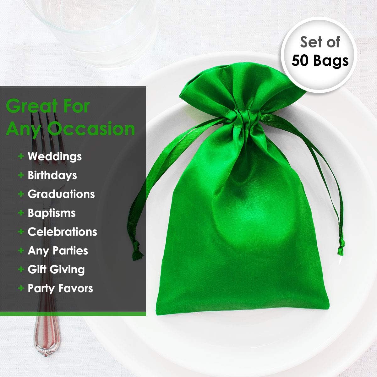 4" x 6" Green Satin Gift Bags, Jewelry Bags, Wedding Favor Drawstring Bags Baby Shower Christmas Gift Bags 50 per Pack