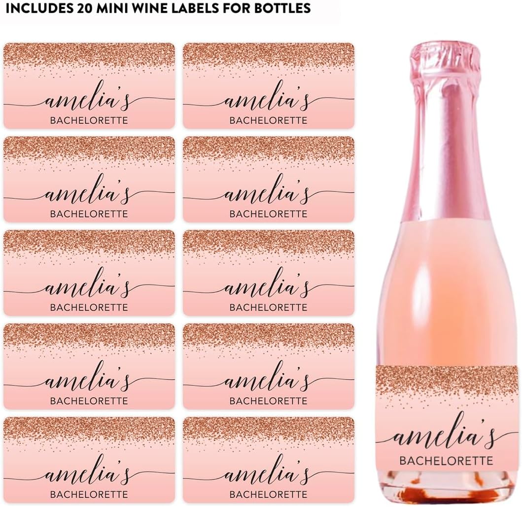 Andaz Press Personalized Bachelorette Mini Wine Labels, Blush Pink Faux Rose Gold Glitter Elegant 20-Pack Custom Mini Champagne Bottle Labels