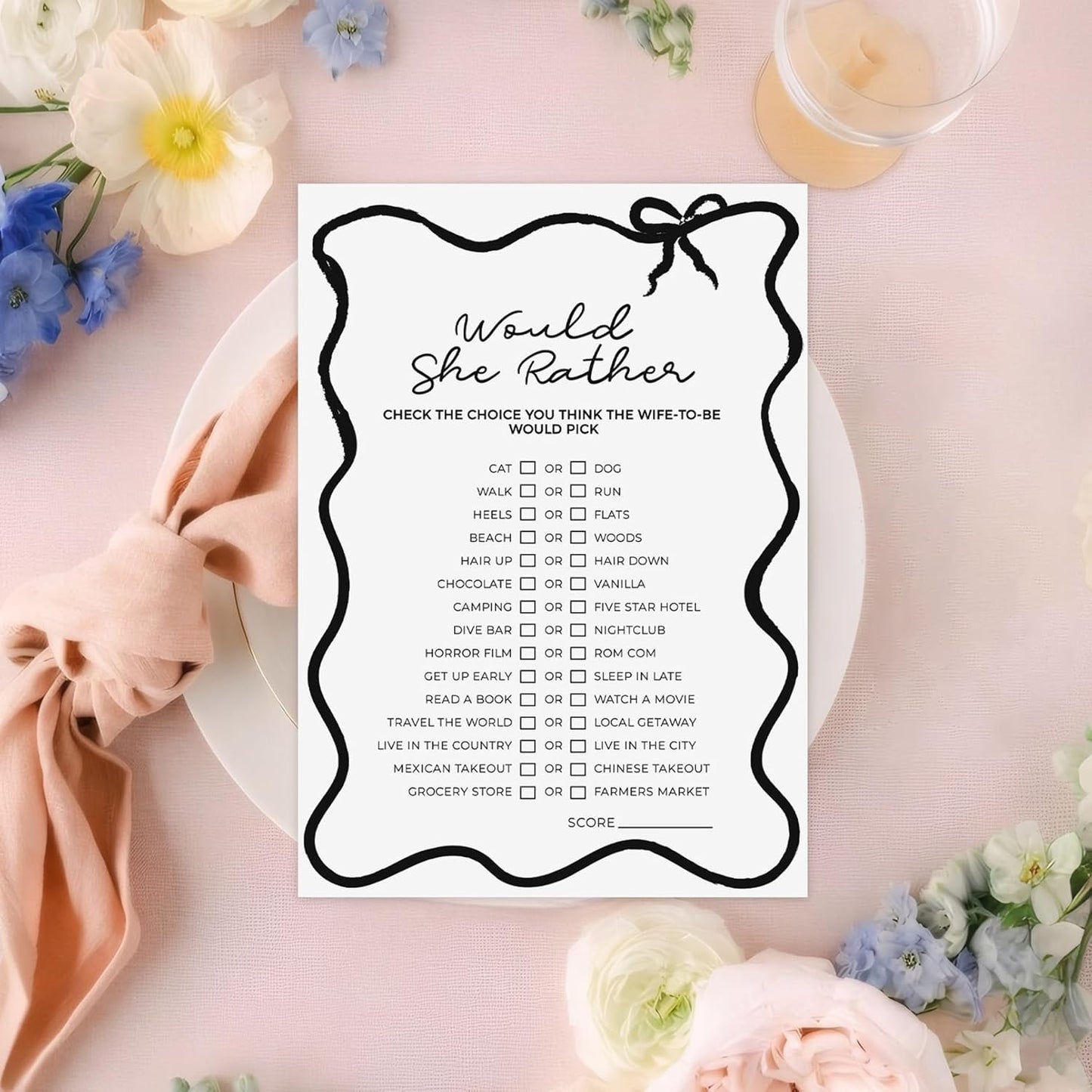 DEEKA 30 PCS Bridal Shower Games Card for 30 Guests Black Wavy Border Ribbon Bow Funny Wedding Bachelorette Party Games for Reception (Would She Rather)