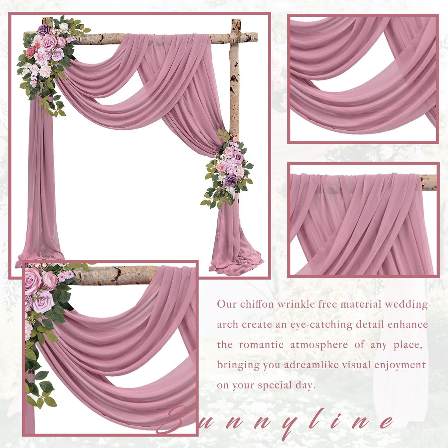 Dusty Rose Wedding Arch Draping Fabric 4 Panels 20Ft Length x 28" Width Arch Drapes Chiffon Fabric Sheer Curtains Backdrop for Party Bridal Decorations Wedding Ceremony Ceiling Stage Reception Decor