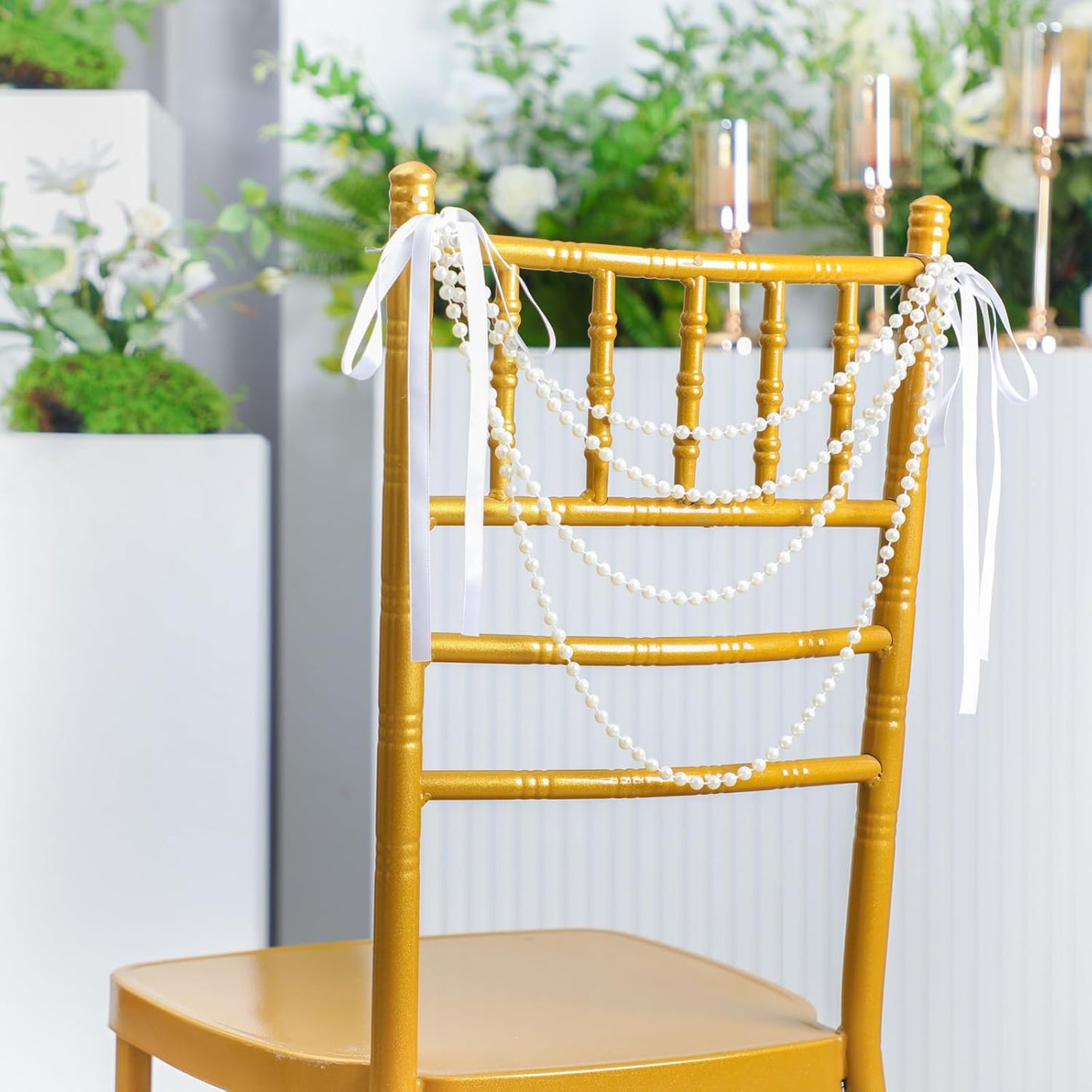 Wedding Pearl Bow Chair Decor Satin Ribbon Bows with Pearl Beaded String Garland Aisle Chair Sashes Decorations for Ceremony Coquette Party Banquet Decor