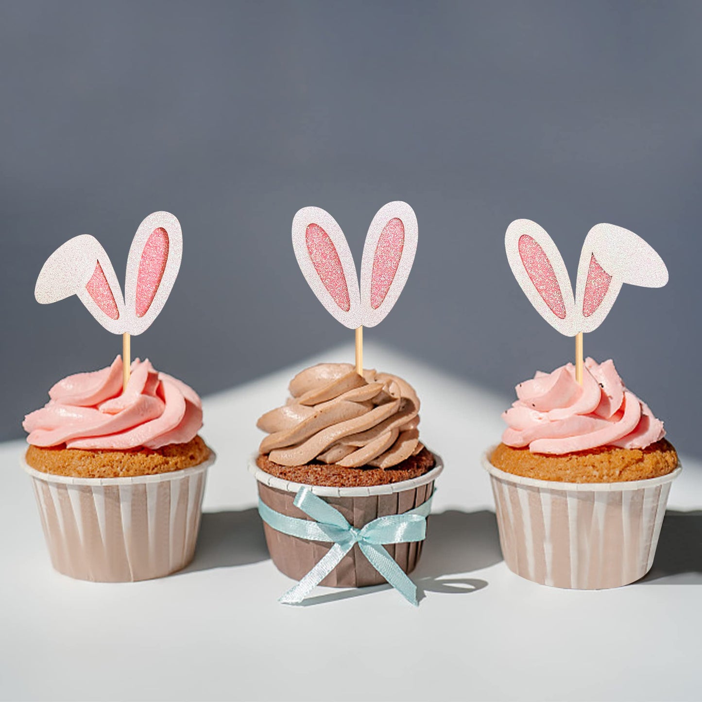 Ercadio 24 Pack Easter Bunny Ear Cupcake Toppers Glitter Pink Rabbit Ears Cupcake Picks Easter