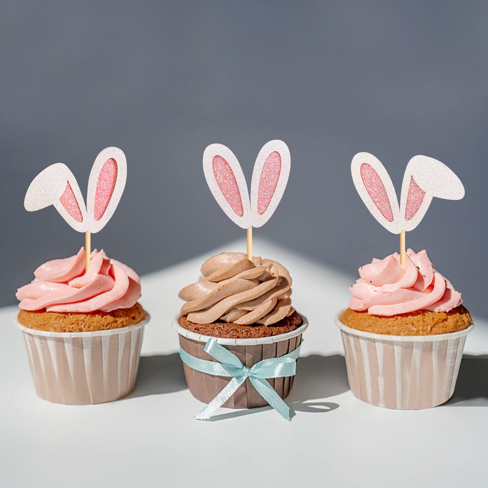 Ercadio 24 Pack Easter Bunny Ear Cupcake Toppers Glitter Pink Rabbit Ears Cupcake Picks Easter