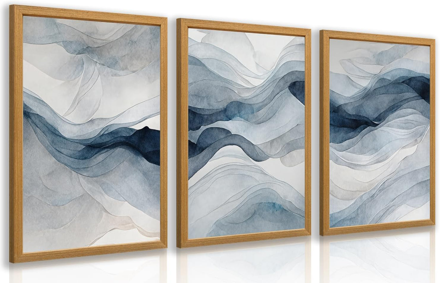 IAFWZX Wood Framed Blue Gray Abstract Wall Art, Modern Minimalist Waves Wall Decor, Neutral Watercolor Line Canvas Paintings, Navy Blue Watercolor Poster Prints for Living Room Office 12"x16"x3