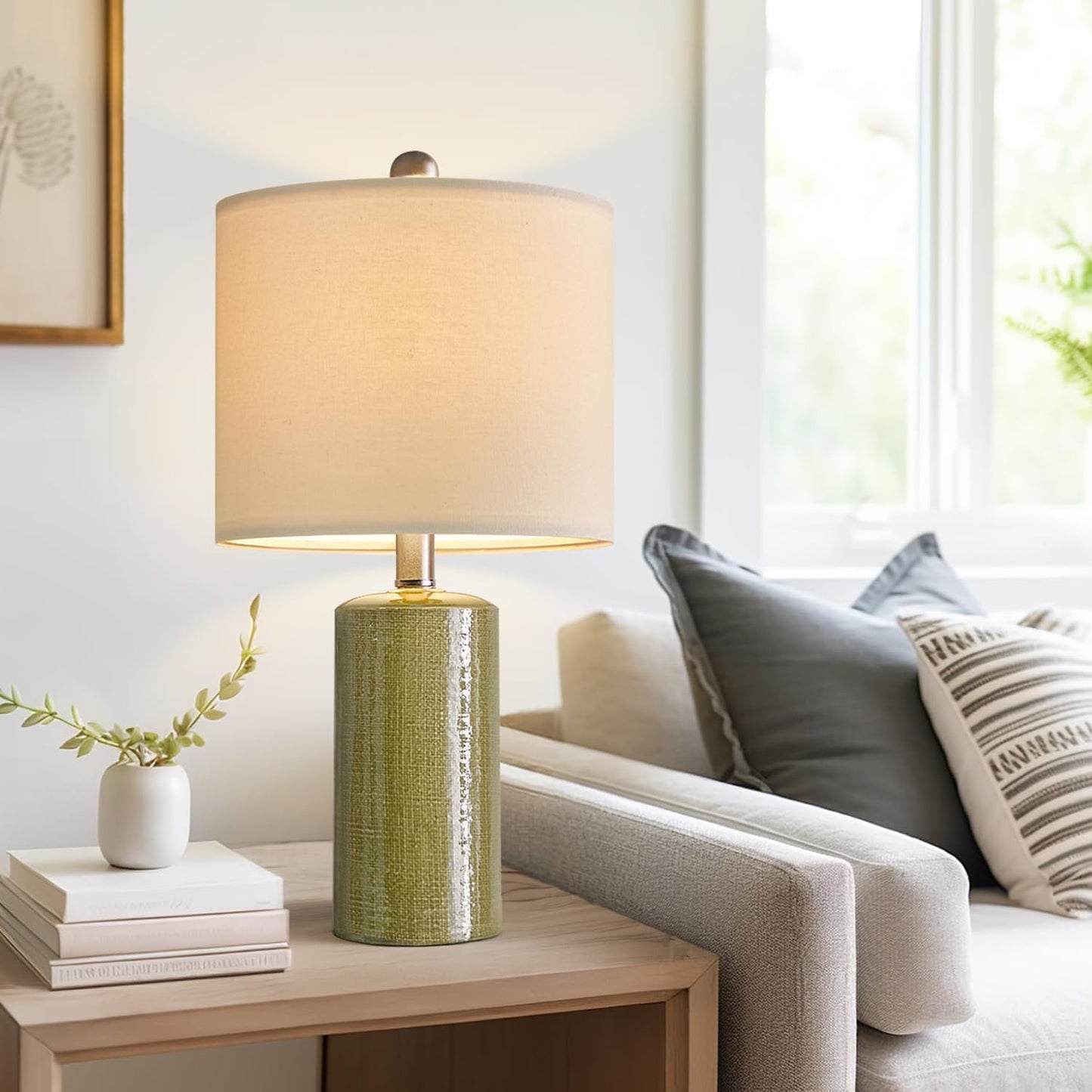 20.25" Small Single Table Lamp for Bedroom Modern Ceramic Nightstand Lamp Farmhouse Bedside Lamp Boho Living Room End Side Table Lamp, Green