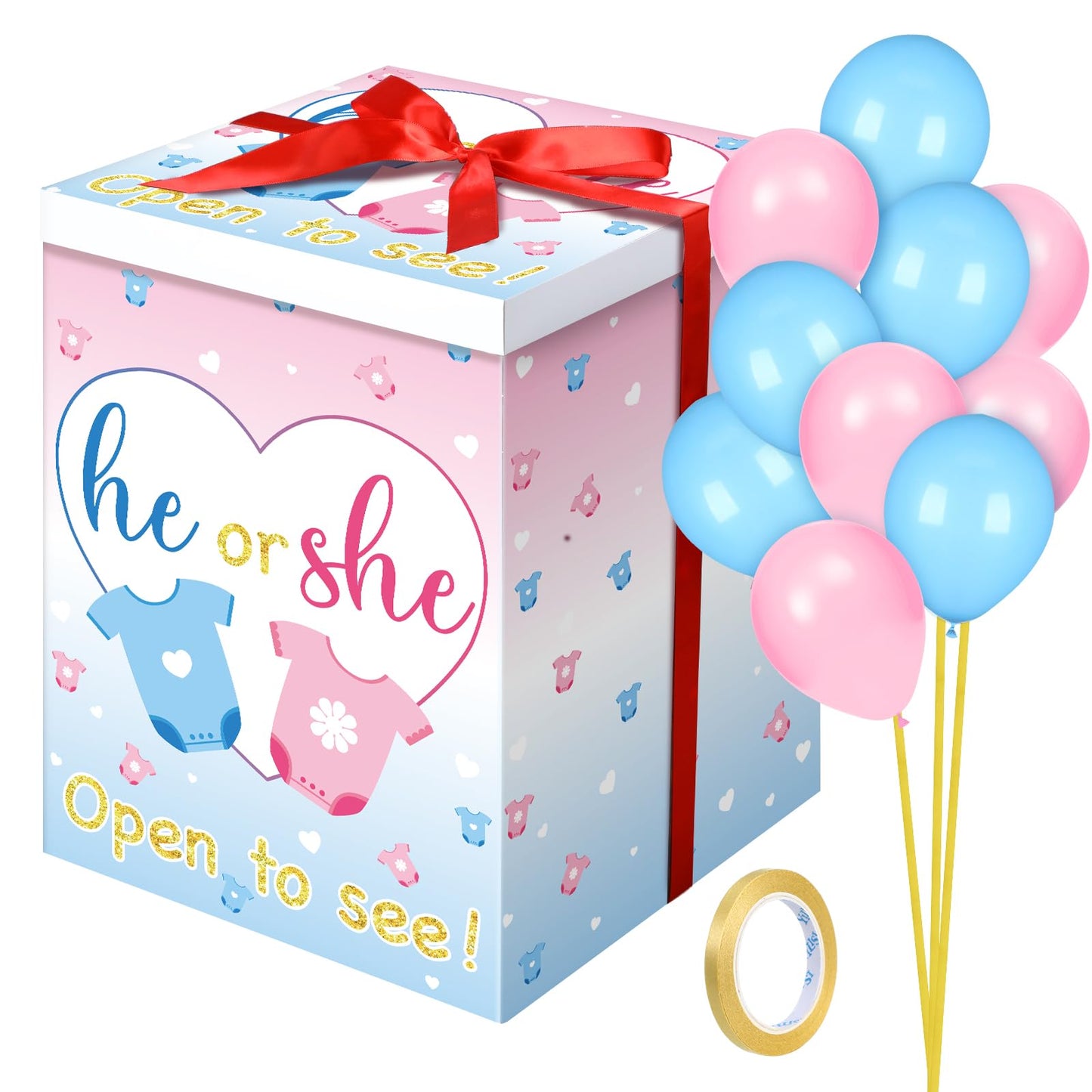 Hungdao Gender Reveal Balloon Box with Ribbon and 10 Pink and Blue Balloons Gender Reveal Games He