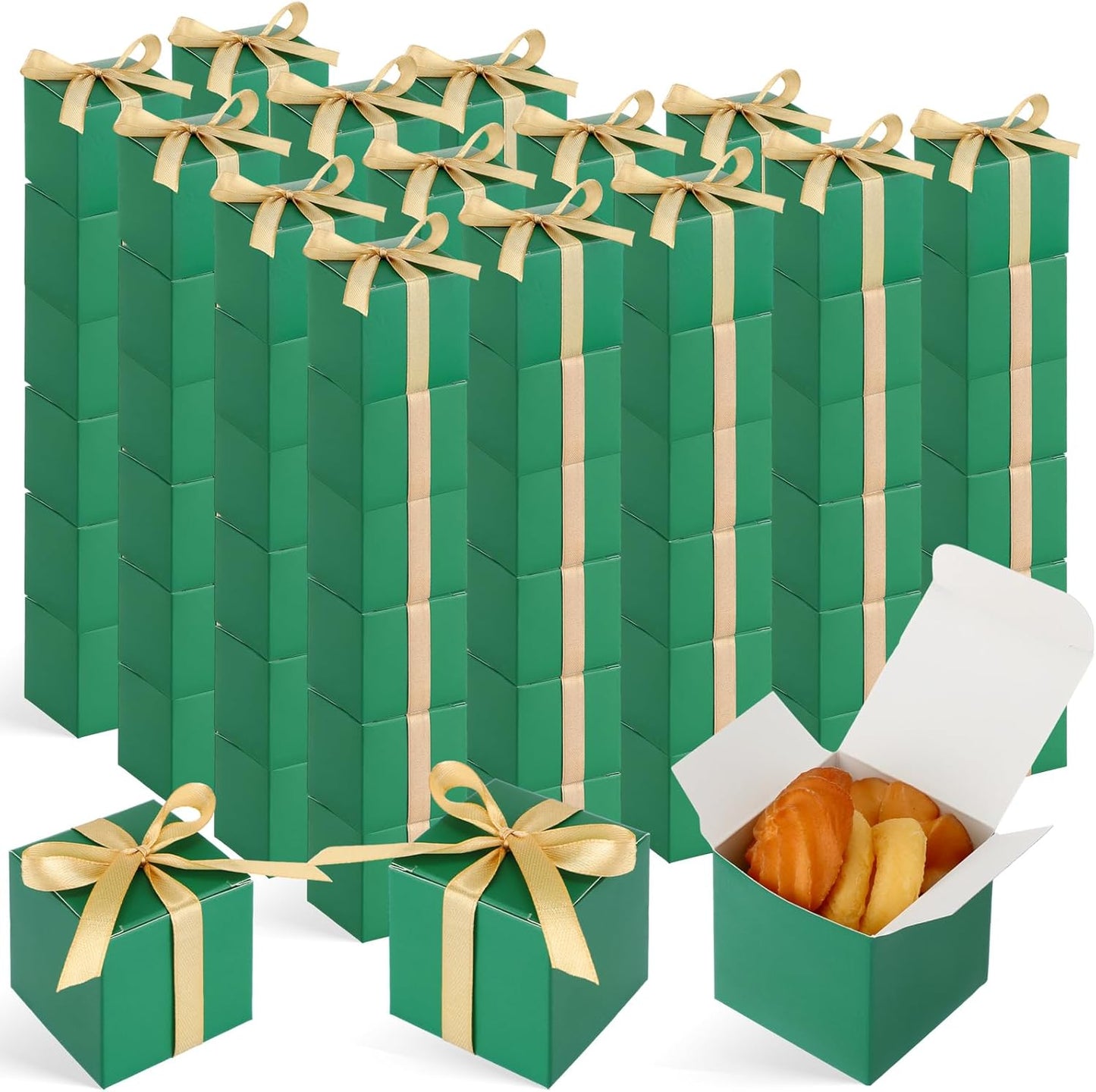 Jutom 100 Pcs Mini Favor Boxes Extra Small Candy Boxes Paper with Gold Ribbon for Christmas Thanksgiving Day Birthday Wedding Anniversary Supplies(2 x 2 x 2 Inch,Green)