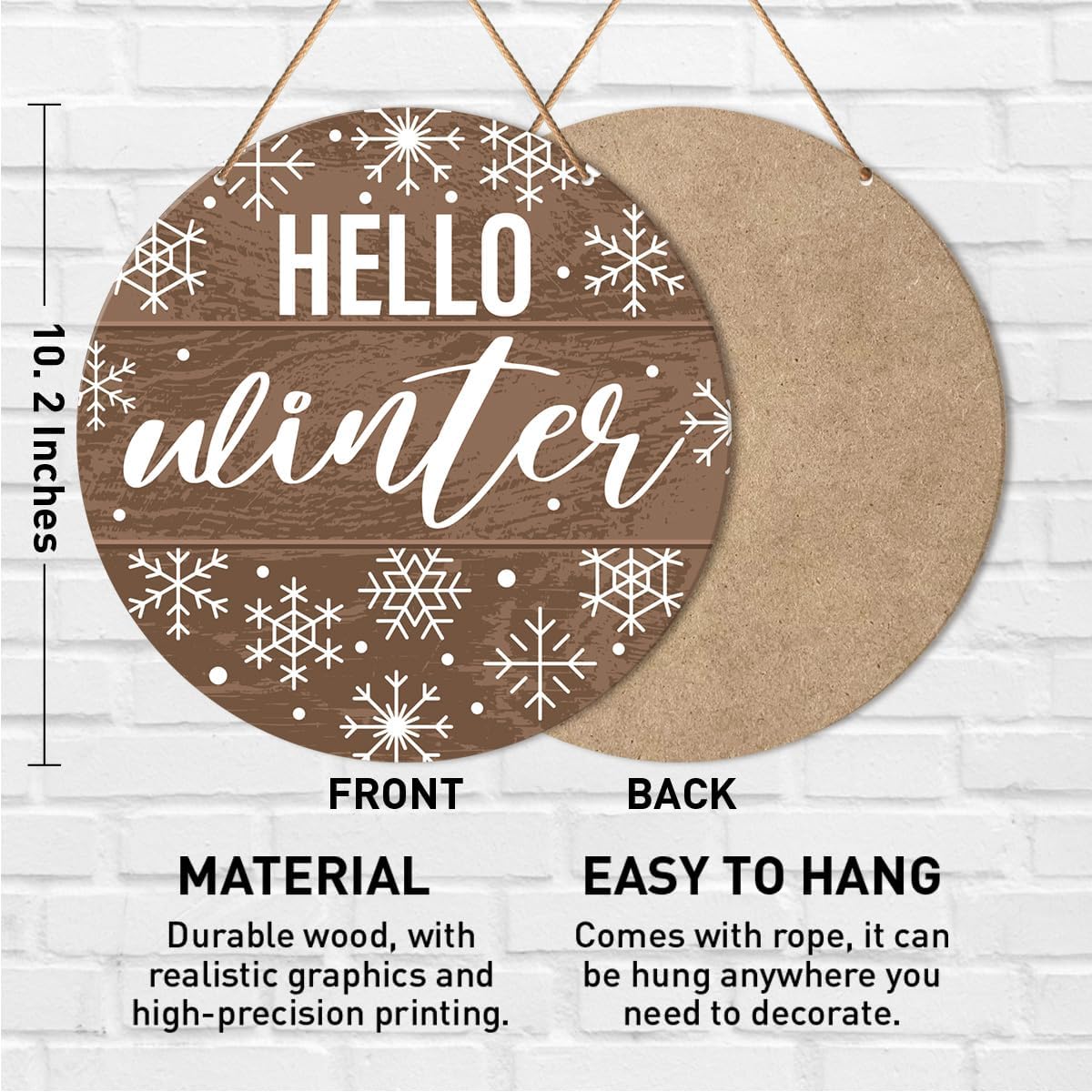 Muktoujaumai Hello Winter Sign Front Door Decor, Christmas Round Hanging Sign Decor Rustic Snowflake Xmas Holiday Wall Decorations Winter Wood Sign for Door, Porch, Home, Welcome Winter