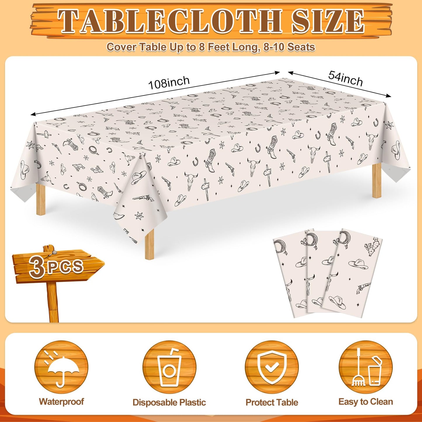 3 Pack Western Cowboy Party Decorations Tablecloth, Rodeo Table Covers