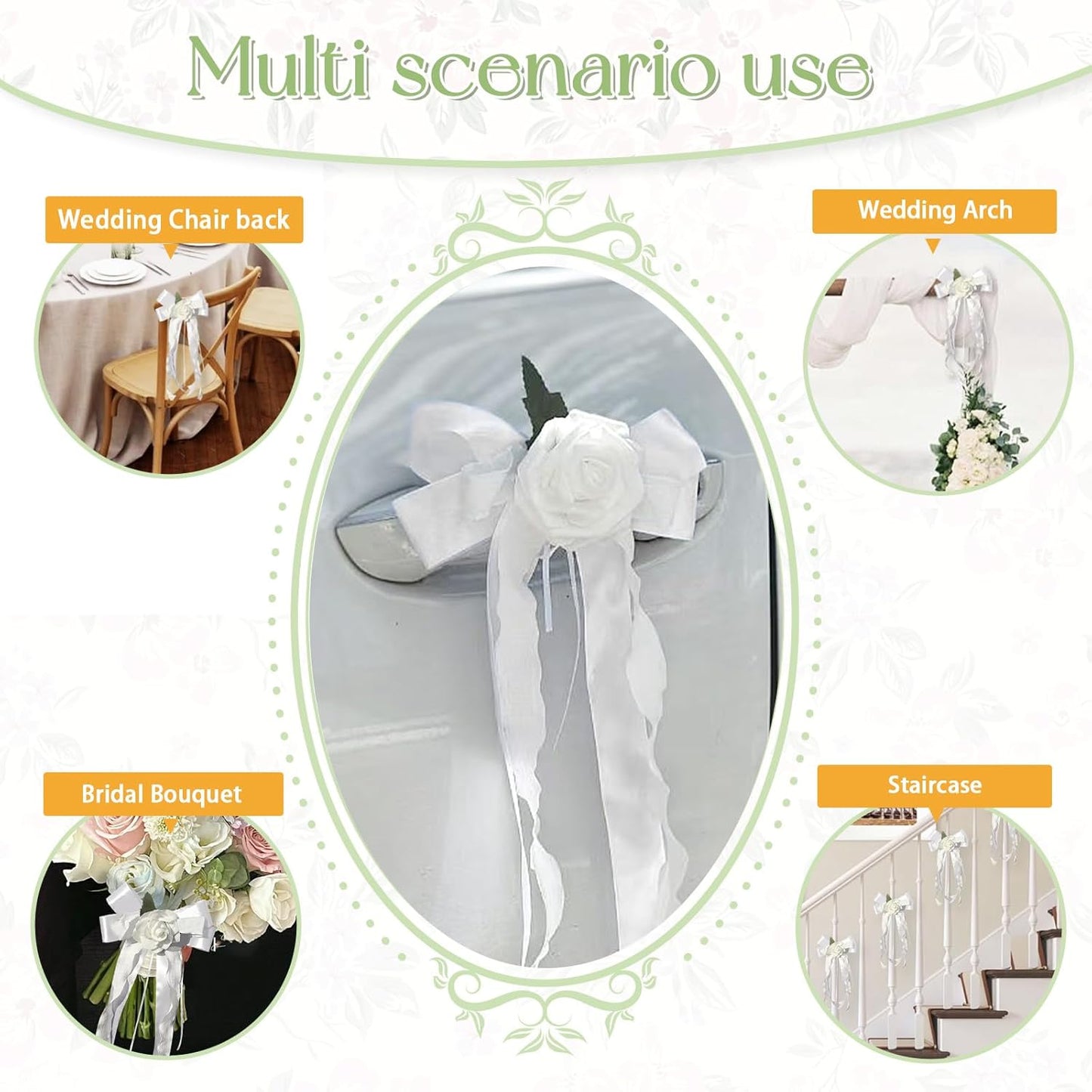 6PCS Wedding Car Door Handle Flowers, White Artificial Cars Rearview Mirror Bouquet Flower Bowknot Ribbon Decors, Just Married Automotive Decoration Accessories for Door Handles and Rearview Mirrors