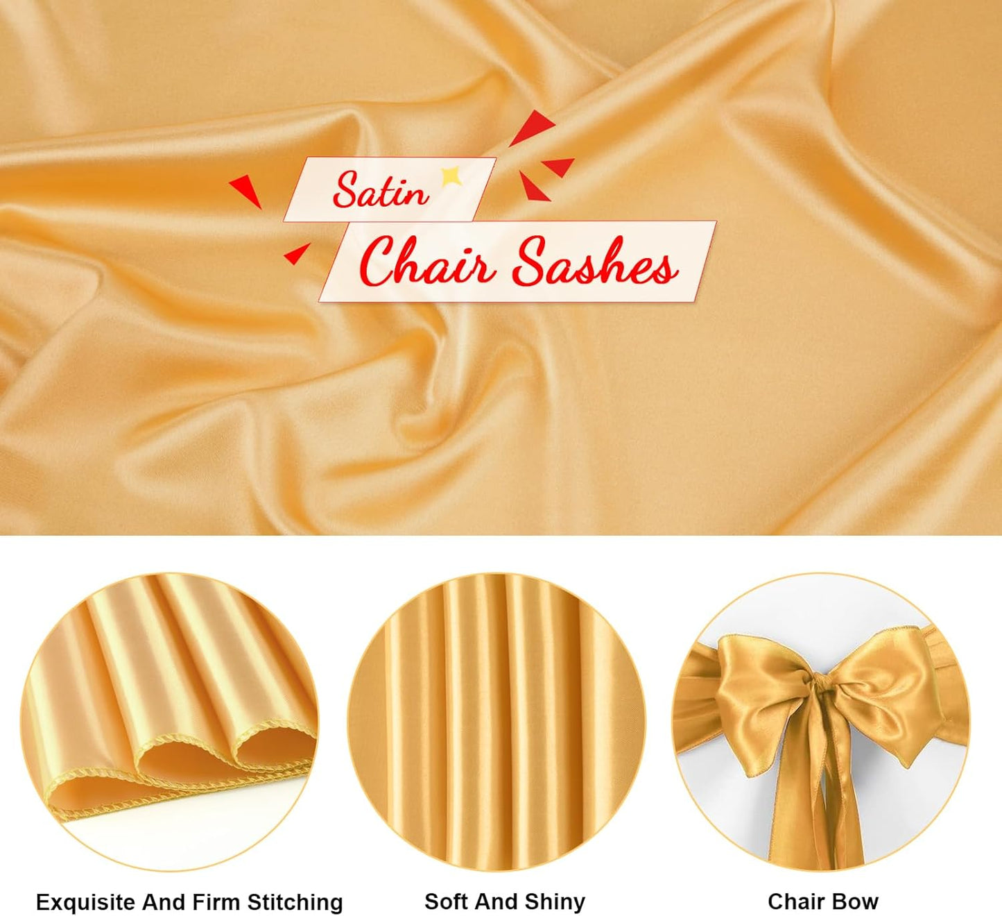 50 PCS Gold Satin Chair Sashes Bows Universal Chair Ribbon Ties Back Sash for Wedding Party Reception Events Banquets Hotel Event Chair Cover Decoration (7x108 inch)